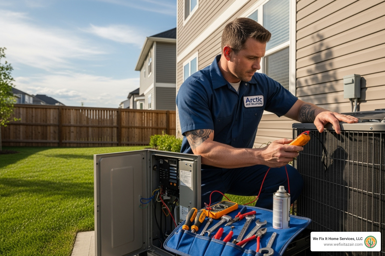HVAC technician performing a repair on an outdoor unit - AC Freon leak