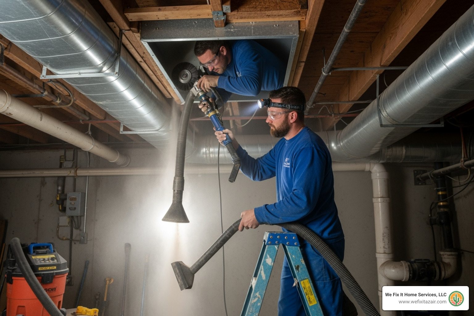 A technician using a rotary brush and high-powered vacuum on an air duct, showing the thorough process of professional cleaning - is air duct cleaning necessary A technician using a rotary brush and high-powered vacuum on an air duct, showing the thorough process of professional cleaning - is air duct cleaning necessary