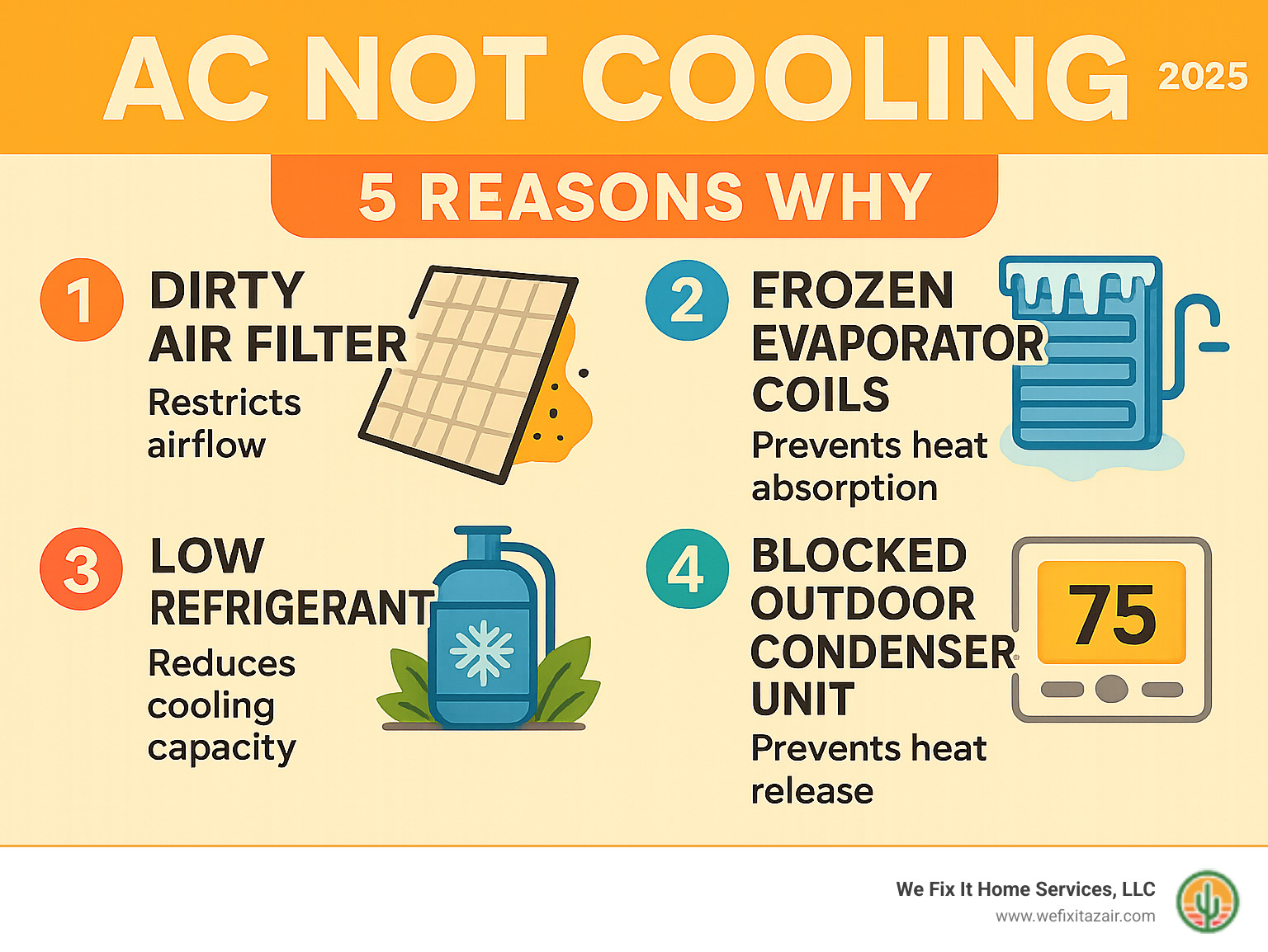 Infographic showing the top 5 reasons an AC stops cooling: dirty air filter restricting airflow, frozen evaporator coils preventing heat absorption, low refrigerant levels reducing cooling capacity, blocked outdoor condenser unit preventing heat release, and incorrect thermostat settings preventing proper operation - AC not cooling infographic Infographic showing the top 5 reasons an AC stops cooling: dirty air filter restricting airflow, frozen evaporator coils preventing heat absorption, low refrigerant levels reducing cooling capacity, blocked outdoor condenser unit preventing heat release, and incorrect thermostat settings preventing proper operation - AC not cooling infographic