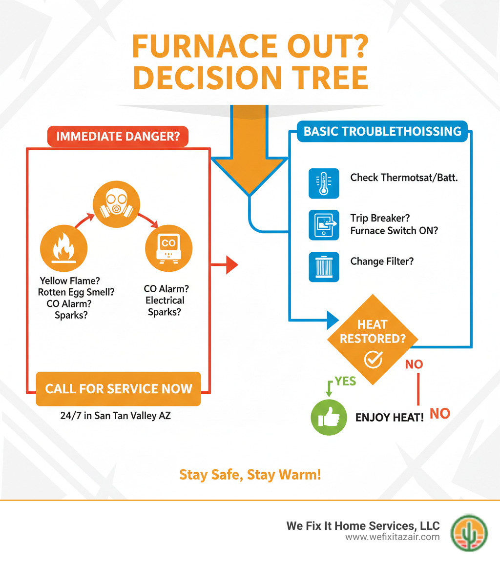 Emergency Furnace Repair Decision Tree showing when to call for immediate service vs basic troubleshooting steps homeowners can take safely - emergency furnace repair san tan valley az infographic 