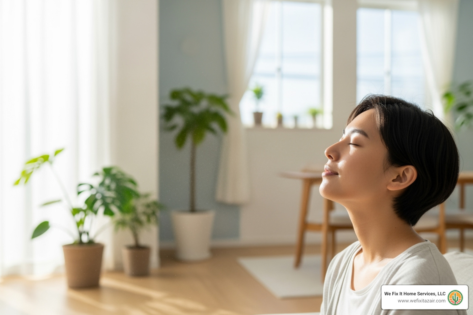 person breathing deeply in clean home - air ventilation cleaners