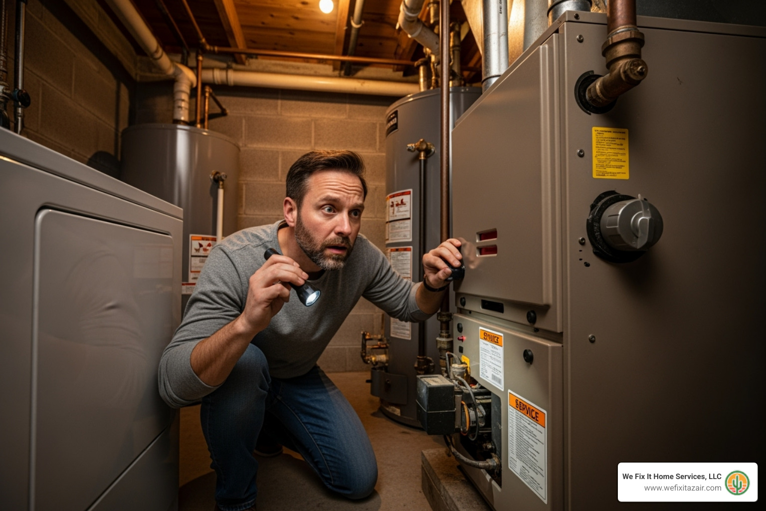 a homeowner looking at their furnace with a concerned expression - furnace repair glendale a homeowner looking at their furnace with a concerned expression - furnace repair glendale