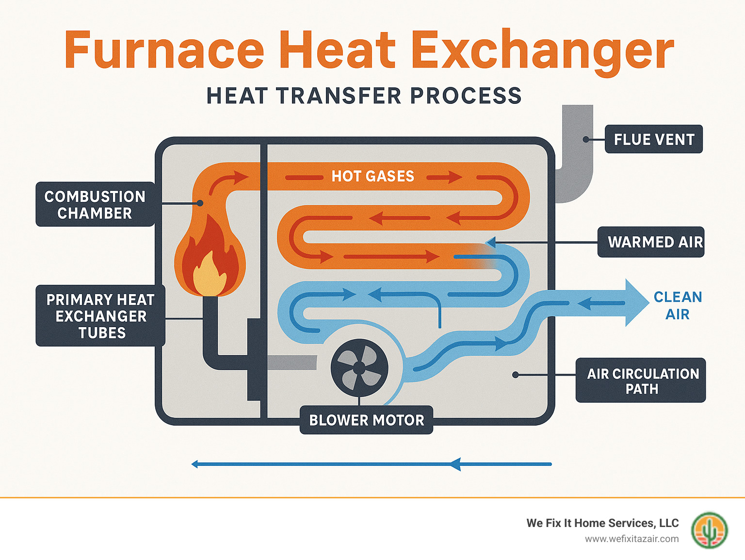 Detailed infographic showing the heat transfer process in a furnace heat exchanger, with labeled components including combustion chamber, primary heat exchanger tubes, blower motor, air circulation path, and flue vent, demonstrating how hot gases heat the metal while clean air circulates separately - furnace heat exchanger infographic 