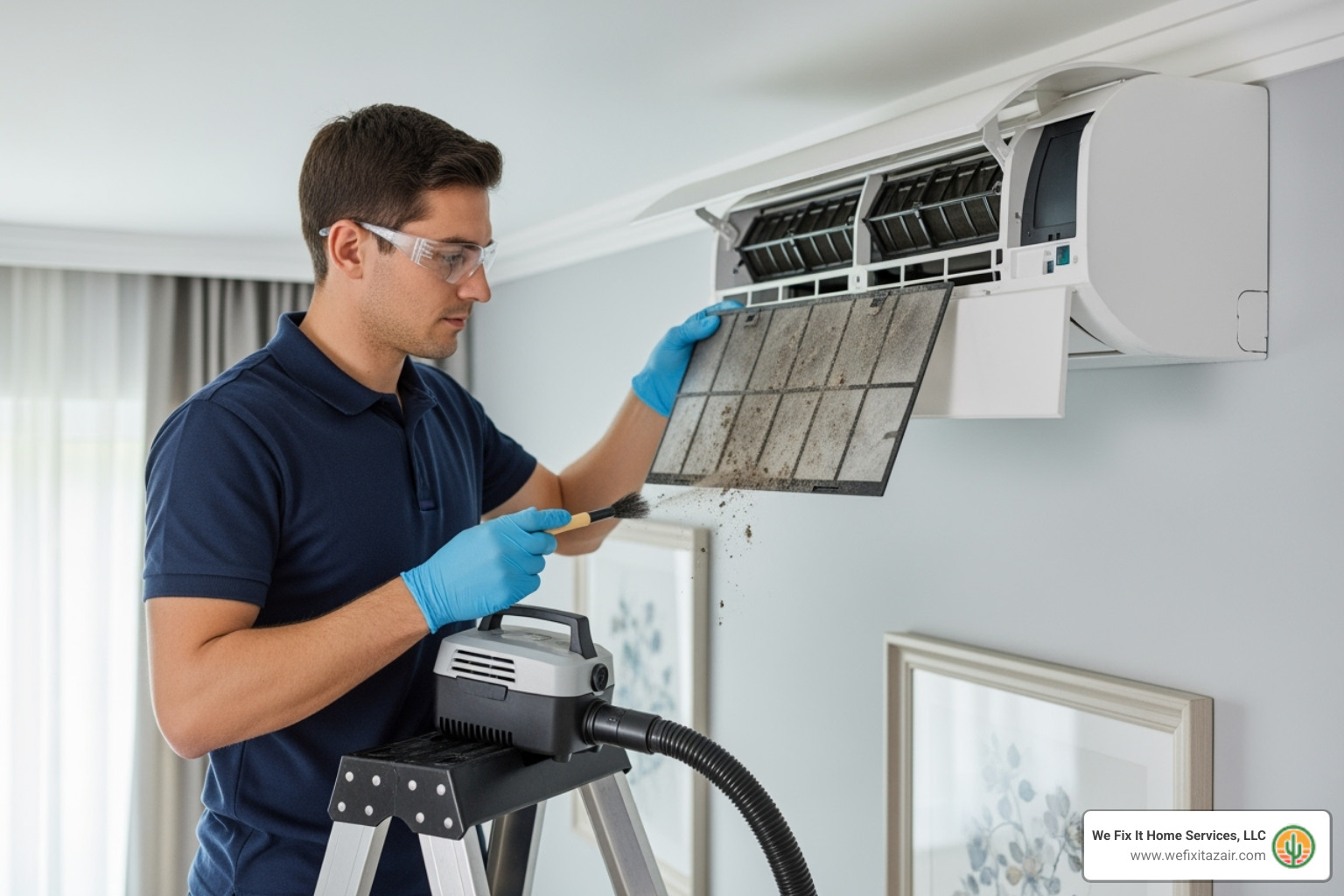 a technician cleaning the filter of an indoor mini-split unit - mini‑split ac repair mesa az