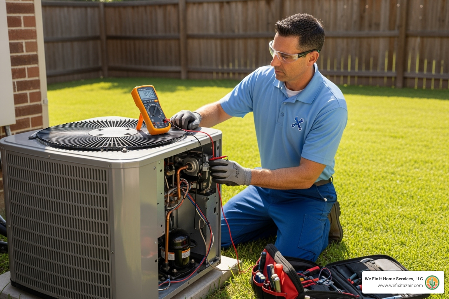 technician servicing an outdoor AC unit - ac companies mesa az Technician performing AC repair with multimeter on HVAC unit in Mesa, AZ, highlighting We Fix It Home Services' commitment to reliable cooling solutions.