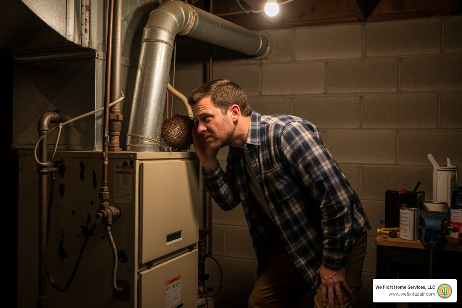 Image of a homeowner listening to a noisy furnace - furnace blower repair Image of a homeowner listening to a noisy furnace - furnace blower repair