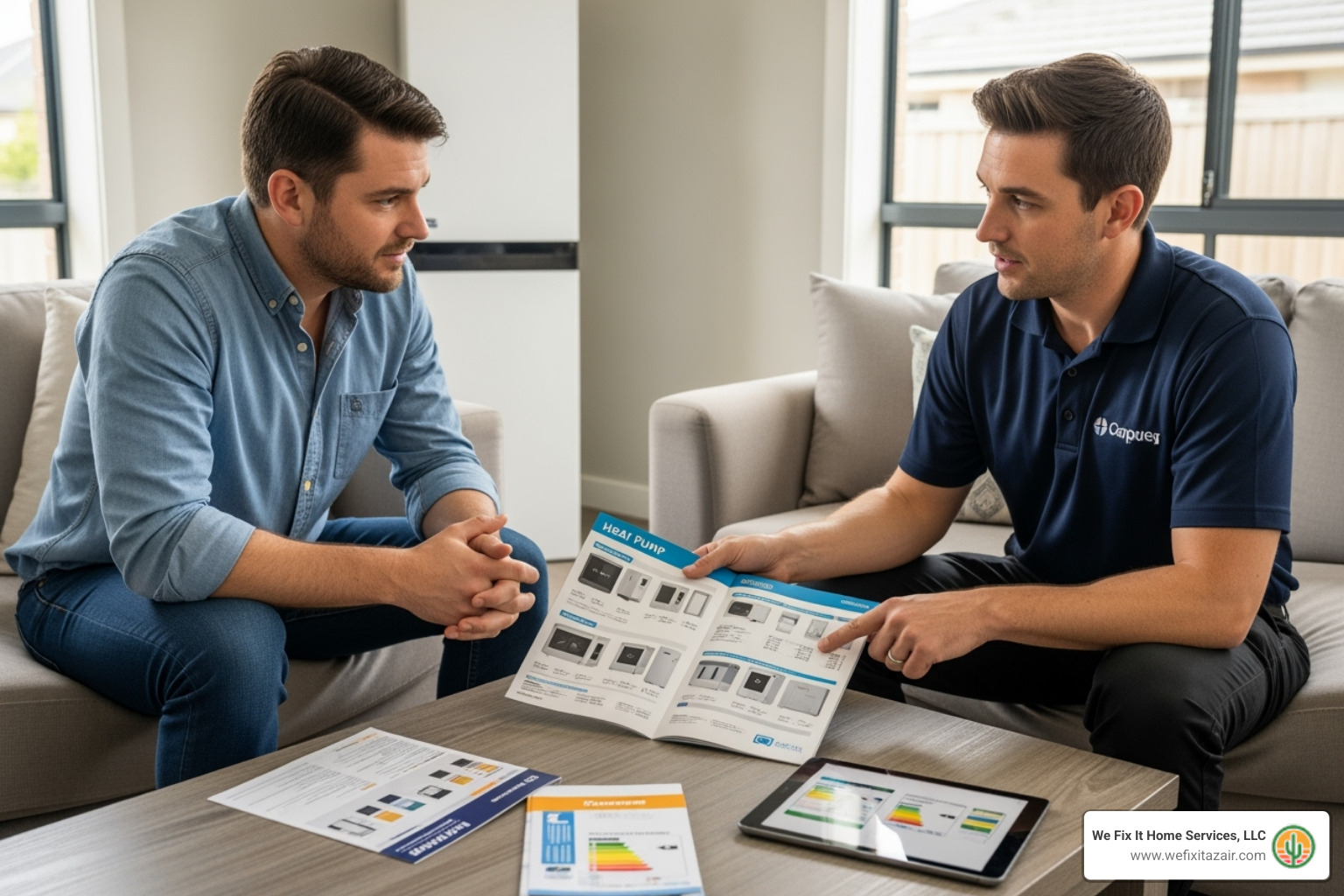 homeowner discussing heat pump options with a technician - heat pump installation mesa az homeowner discussing heat pump options with a technician - heat pump installation mesa az