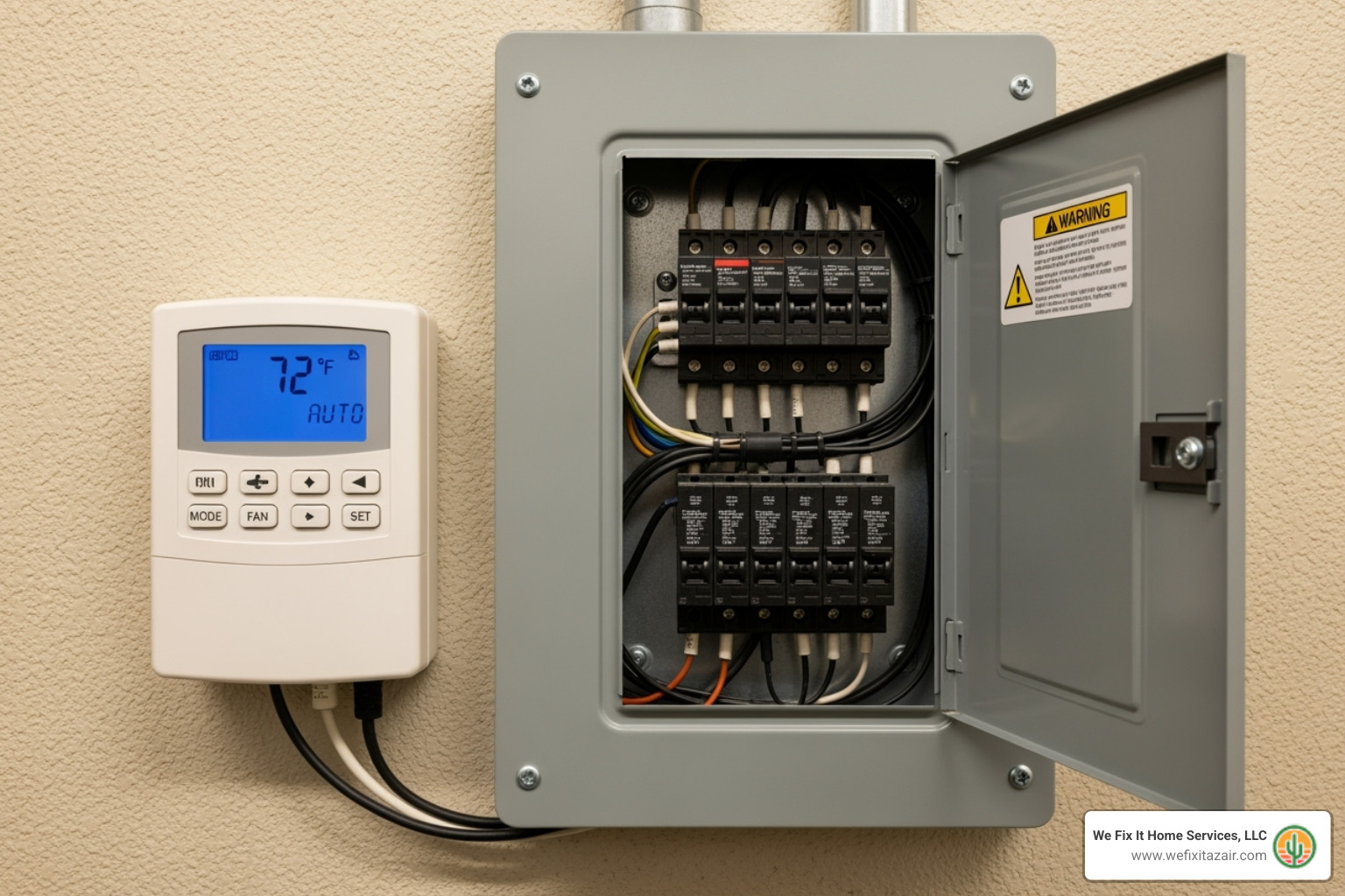 Commercial thermostat and electrical panel - Heat pump repair Mesa Commercial thermostat and electrical panel - Heat pump repair Mesa