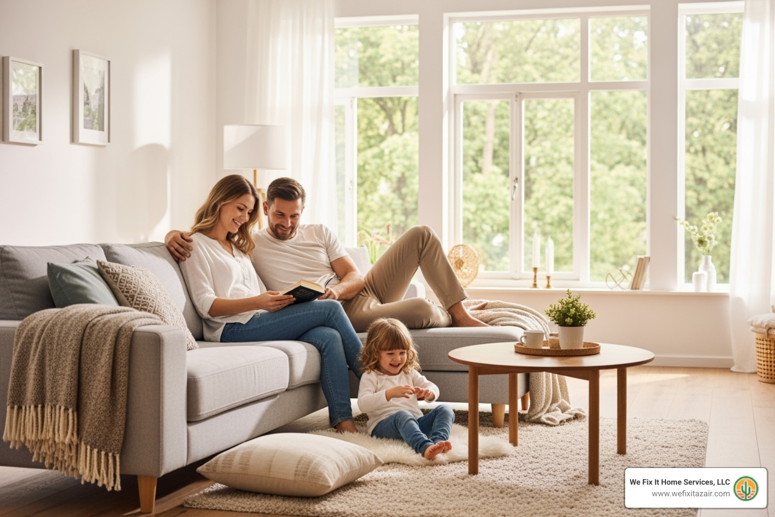 family breathing easily in a clean living room - duct cleaning scottsdale