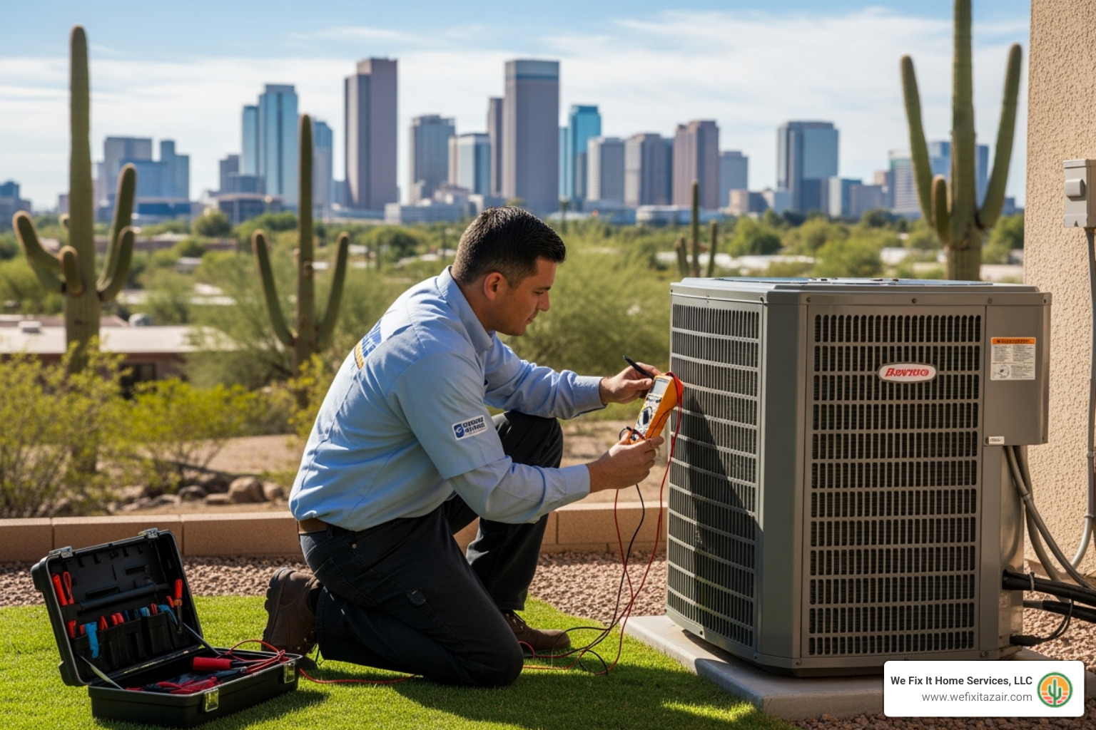 A professional technician inspecting an outdoor AC unit with the Phoenix skyline in the background - 24/7 hvac repair phoenix az A professional technician inspecting an outdoor AC unit with the Phoenix skyline in the background - 24/7 hvac repair phoenix az