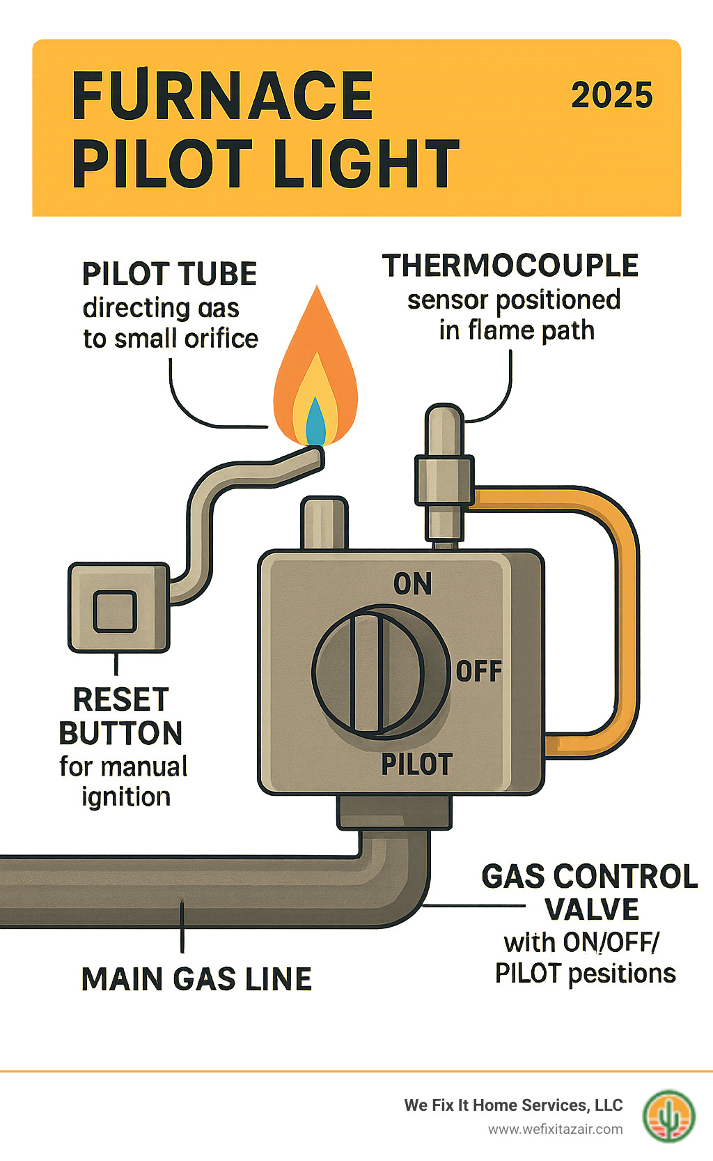 Detailed diagram showing furnace pilot light assembly components including pilot tube directing gas to small orifice, thermocouple sensor positioned in flame path, gas control valve with ON/OFF/PILOT positions, reset button for manual ignition, and main gas line connection - furnace pilot light infographic 
