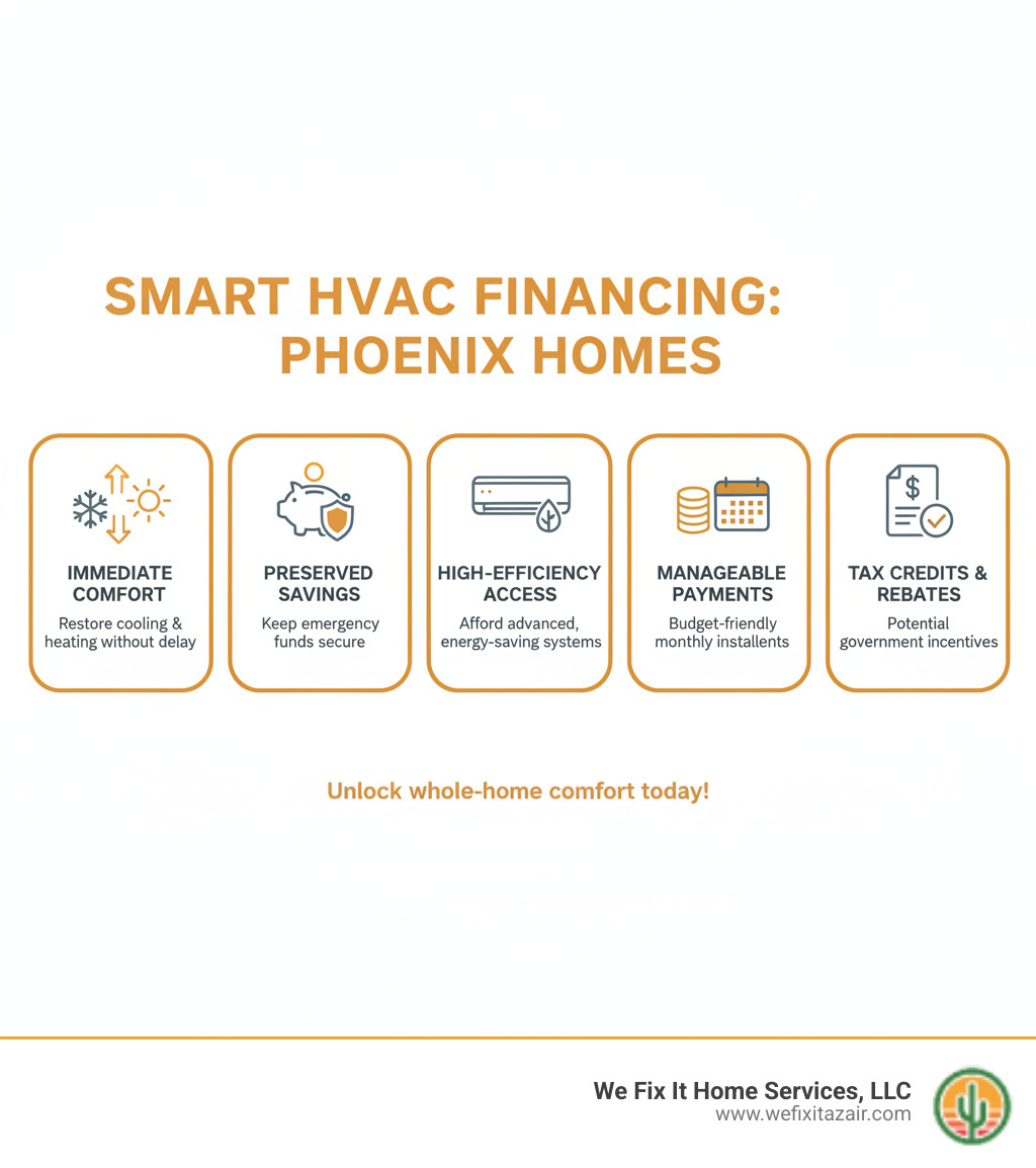 Comprehensive guide to HVAC financing benefits including immediate comfort restoration, preserved emergency savings, access to high-efficiency equipment, manageable monthly payments, and potential tax credits and rebates - hvac financing options phoenix az infographic Comprehensive guide to HVAC financing benefits including immediate comfort restoration, preserved emergency savings, access to high-efficiency equipment, manageable monthly payments, and potential tax credits and rebates - hvac financing options phoenix az infographic