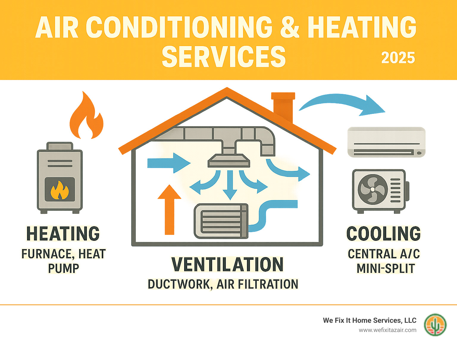 Comprehensive infographic showing the three main HVAC system components: heating units like furnaces and heat pumps, ventilation systems including ductwork and air filtration, and cooling equipment such as central air conditioners and ductless mini-splits, with arrows showing air flow and temperature control throughout a home - air conditioning & heating services infographic 