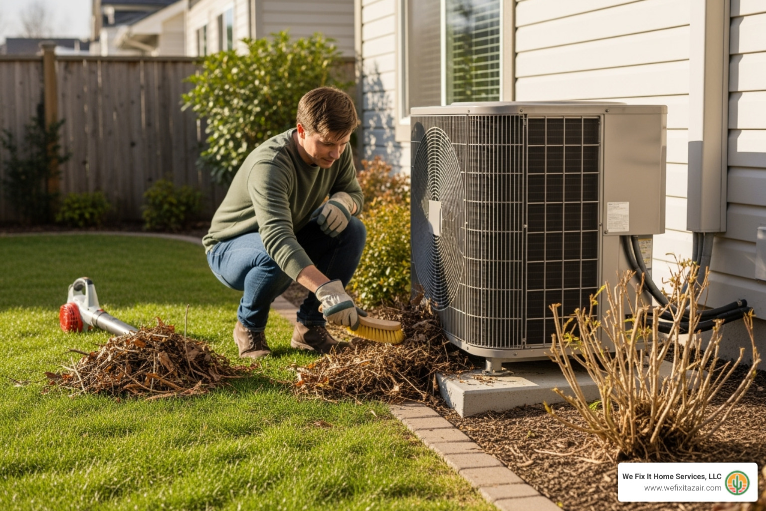 A homeowner cleaning debris away from an outdoor heat pump unit - emergency heat pump service gilbert az A homeowner cleaning debris away from an outdoor heat pump unit - emergency heat pump service gilbert az