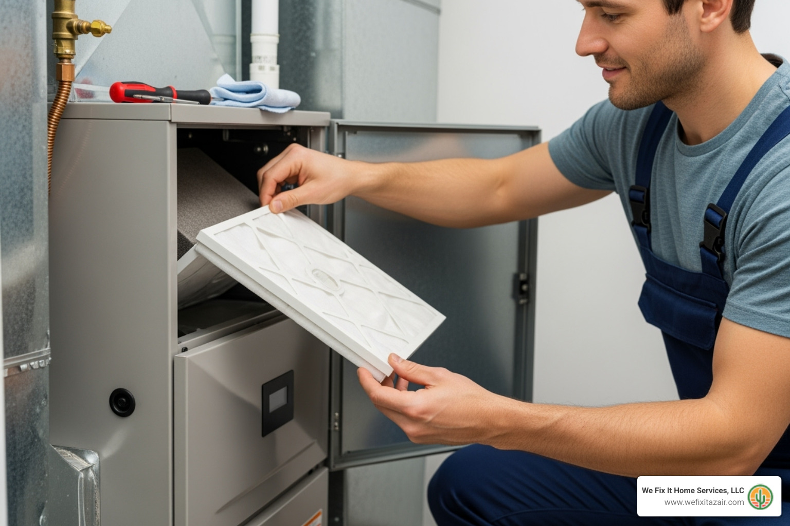 A homeowner confidently changing an air filter in their HVAC system, illustrating a simple and effective DIY maintenance task - annual ac maintenance phoenix az