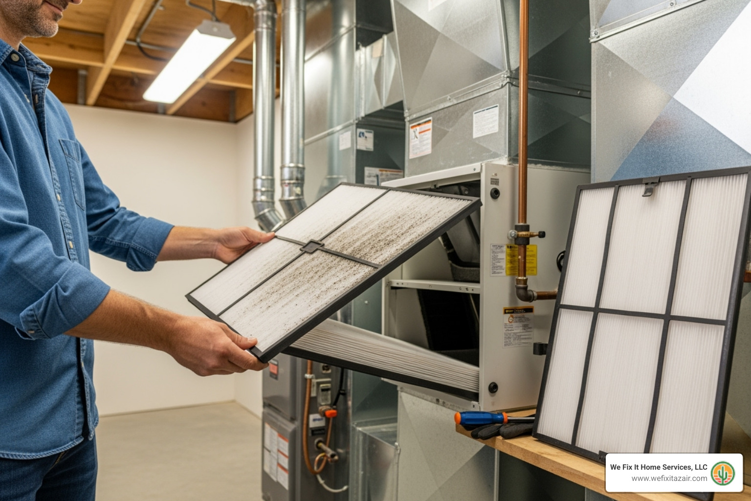 homeowner easily changing the filter on their whole-home air purifier unit - air purifier installation mesa az