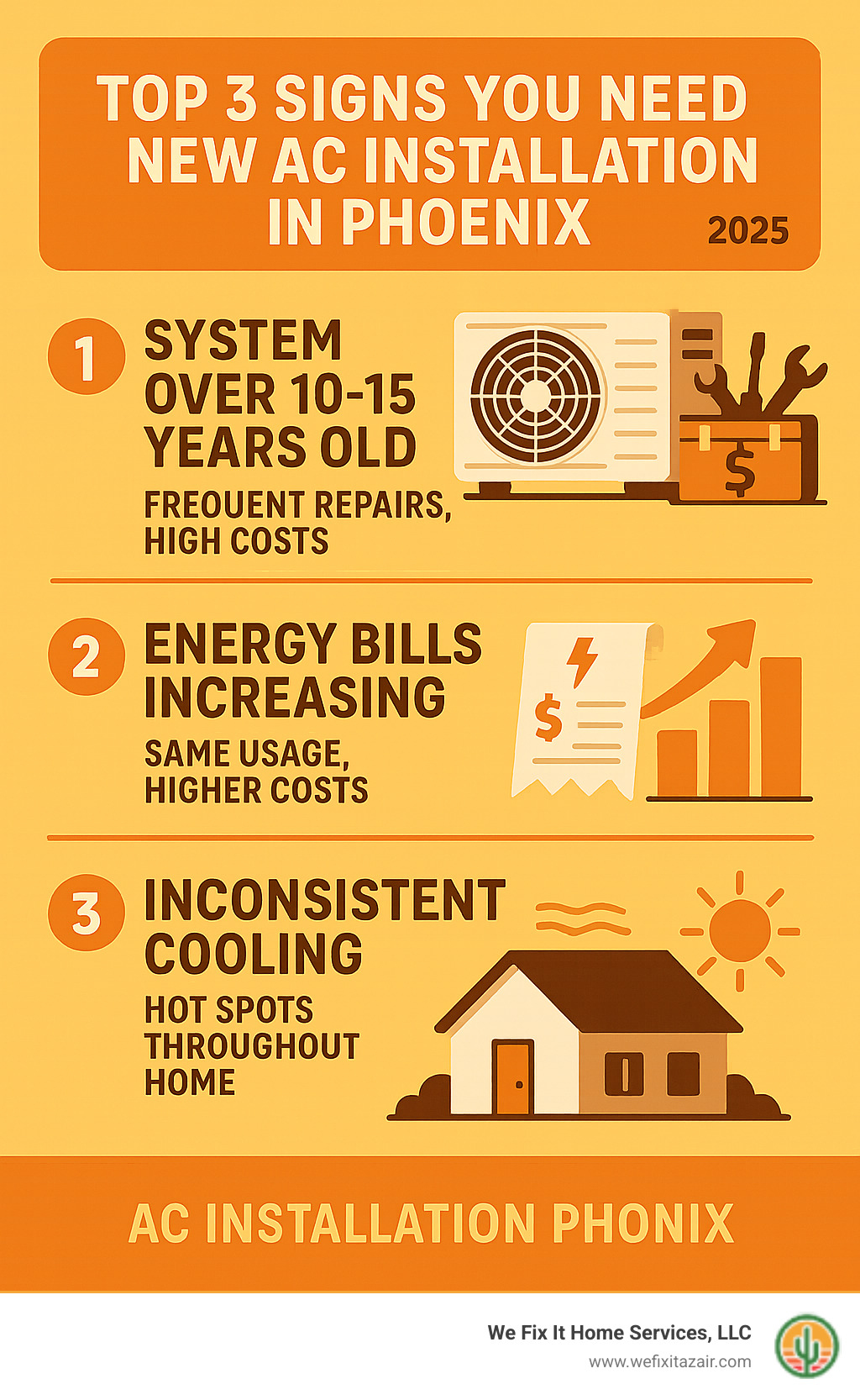 Infographic showing the top 3 signs you need new AC installation in Phoenix: system over 10-15 years old with frequent repairs costing more than half the unit value, energy bills increasing despite same usage patterns, and inconsistent cooling with hot spots throughout the home - AC installation Phoenix infographic 