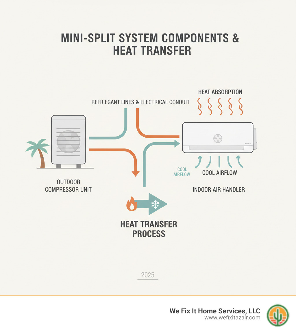 Infographic showing mini-split system components: outdoor compressor unit connected via refrigerant lines and electrical conduit to indoor air handler mounted on wall, with arrows indicating airflow and heat transfer process - mini‑split ac repair mesa az infographic 