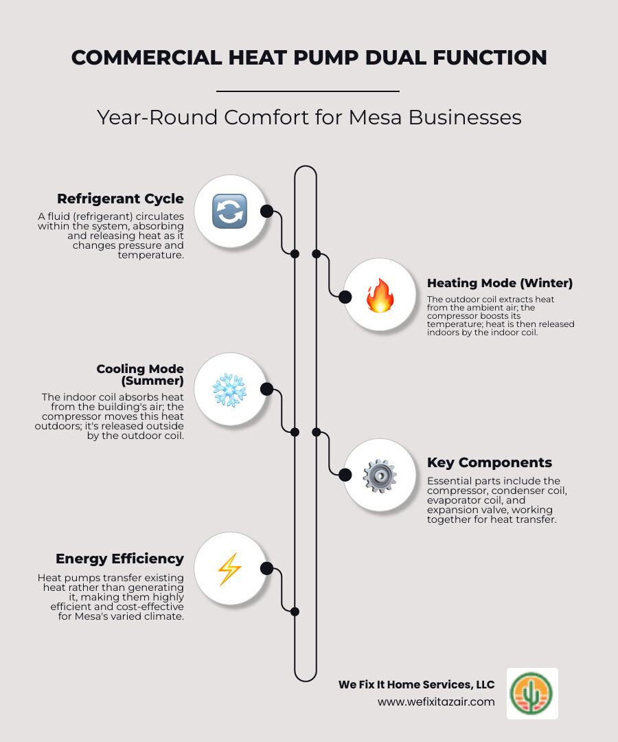 Comprehensive guide showing commercial heat pump operation in both heating and cooling modes, including airflow patterns, refrigerant cycle, and key components like compressor, condenser, and evaporator coils for Mesa business applications - Heat pump repair Mesa infographic infographic-line-5-steps-neat_beige Comprehensive guide showing commercial heat pump operation in both heating and cooling modes, including airflow patterns, refrigerant cycle, and key components like compressor, condenser, and evaporator coils for Mesa business applications - Heat pump repair Mesa infographic infographic-line-5-steps-neat_beige