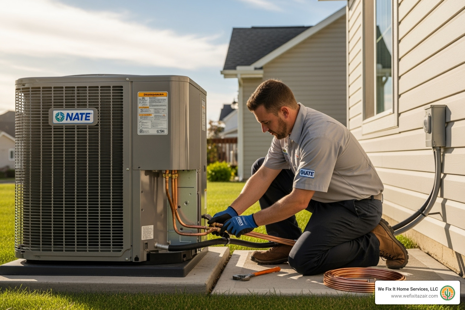 NATE-certified technician carefully installing an outdoor heat pump unit - heat pump installation mesa az NATE-certified technician carefully installing an outdoor heat pump unit - heat pump installation mesa az