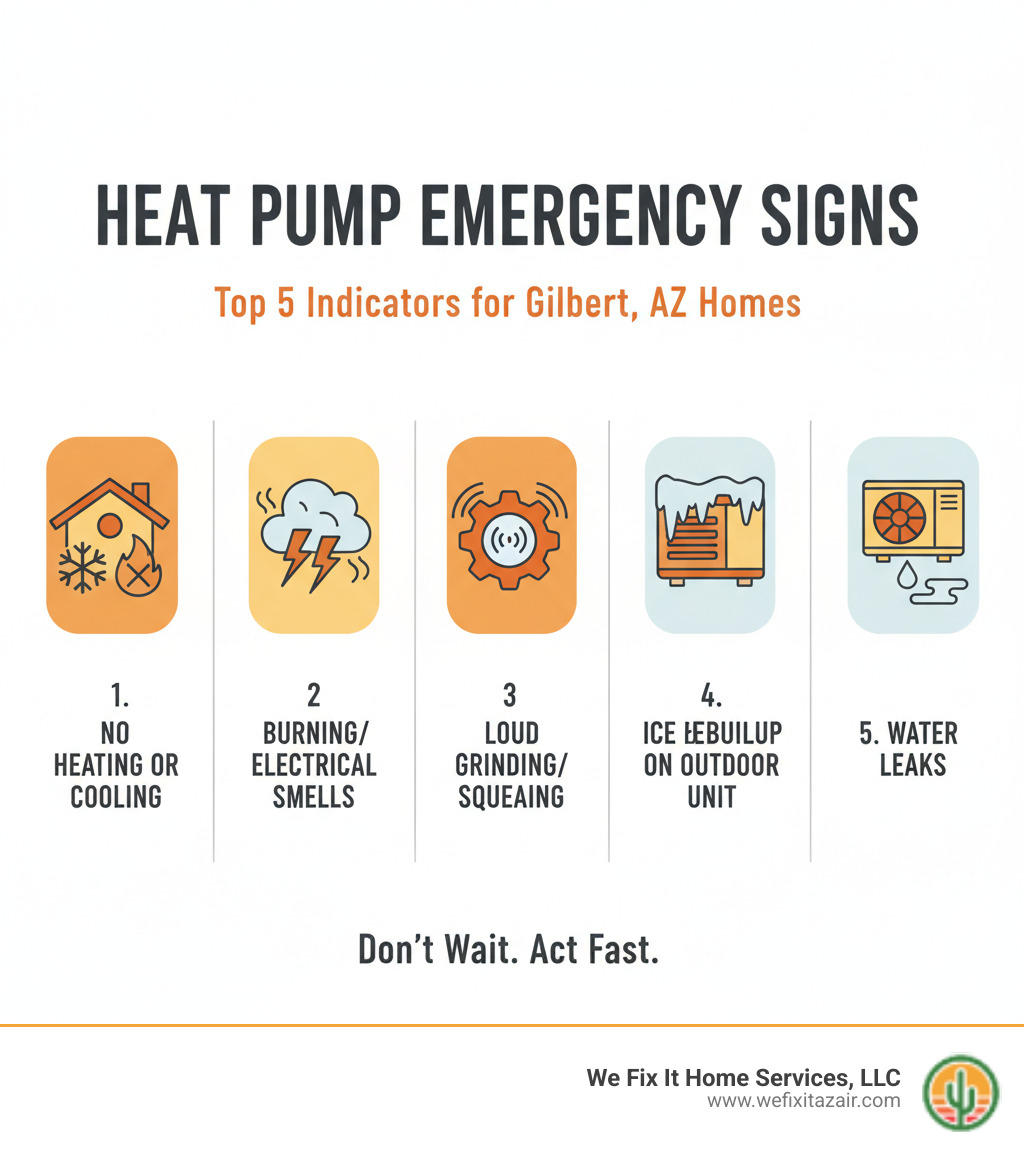 Infographic showing the top 5 signs of a heat pump emergency: complete loss of heating or cooling, burning or electrical smells, loud grinding or squealing noises, ice buildup on outdoor unit, and water leaks around the system - emergency heat pump service gilbert az infographic Infographic showing the top 5 signs of a heat pump emergency: complete loss of heating or cooling, burning or electrical smells, loud grinding or squealing noises, ice buildup on outdoor unit, and water leaks around the system - emergency heat pump service gilbert az infographic