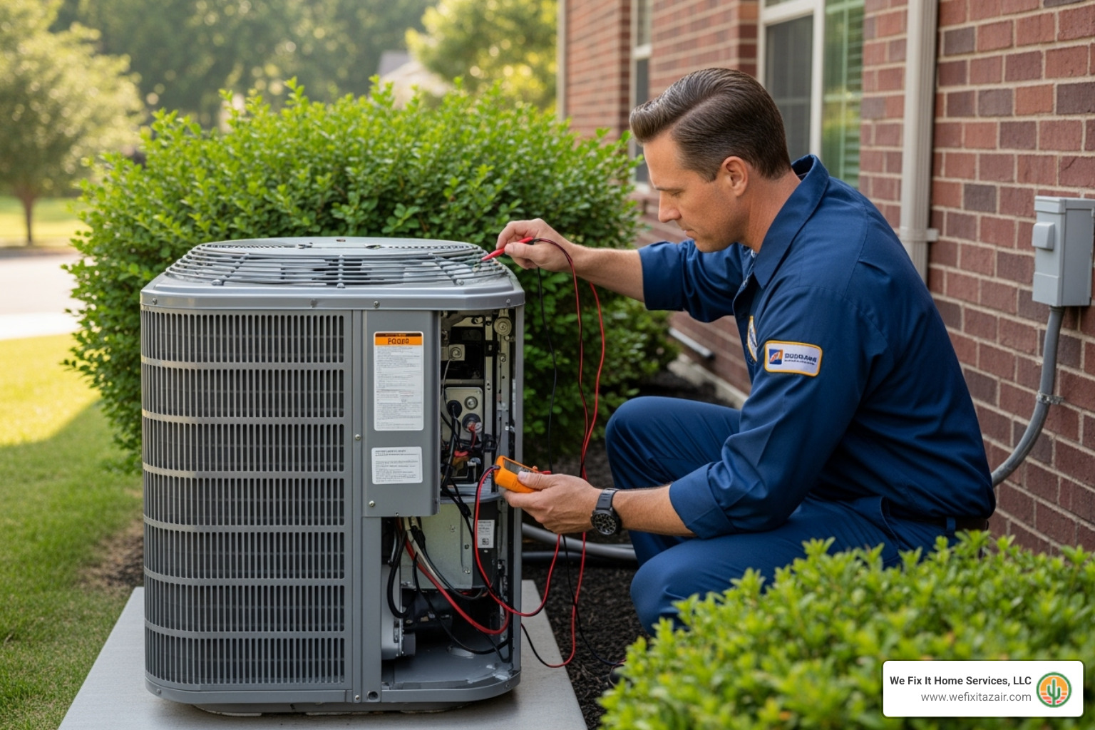 A technician performing an AC tune-up on an outdoor unit, checking components. - ac repair mesa