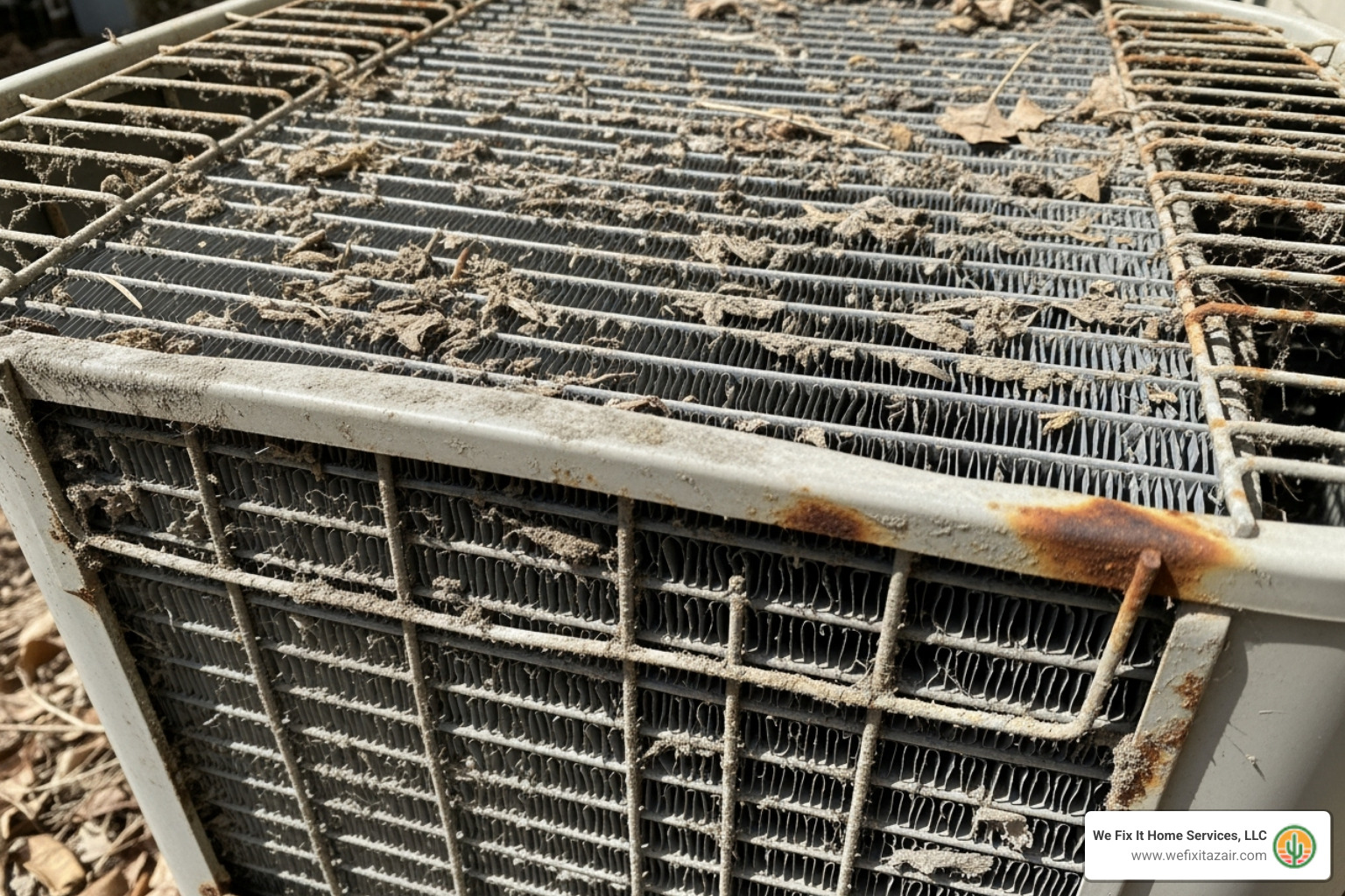 A dirty, dusty outdoor condenser coil before cleaning, showing visible accumulation of grime on the fins - ac coil cleaning phoenix az A dirty, dusty outdoor condenser coil before cleaning, showing visible accumulation of grime on the fins - ac coil cleaning phoenix az