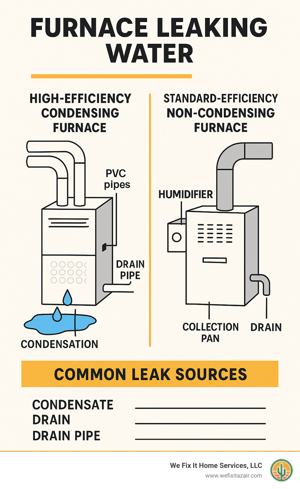 Infographic showing the difference between high-efficiency condensing furnaces with PVC vent pipes that produce condensation versus standard-efficiency non-condensing furnaces with metal vent pipes that do not produce water, including common leak sources for each type - furnace leaking water infographic Infographic showing the difference between high-efficiency condensing furnaces with PVC vent pipes that produce condensation versus standard-efficiency non-condensing furnaces with metal vent pipes that do not produce water, including common leak sources for each type - furnace leaking water infographic