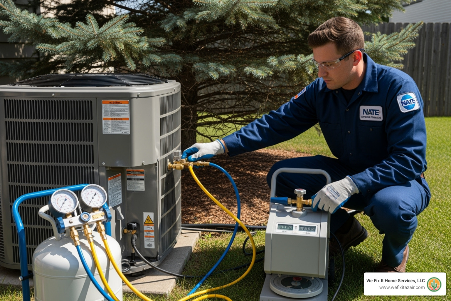 of a NATE-certified technician safely recovering refrigerant from an outdoor unit - ac compressor replacement scottsdale az of a NATE-certified technician safely recovering refrigerant from an outdoor unit - ac compressor replacement scottsdale az