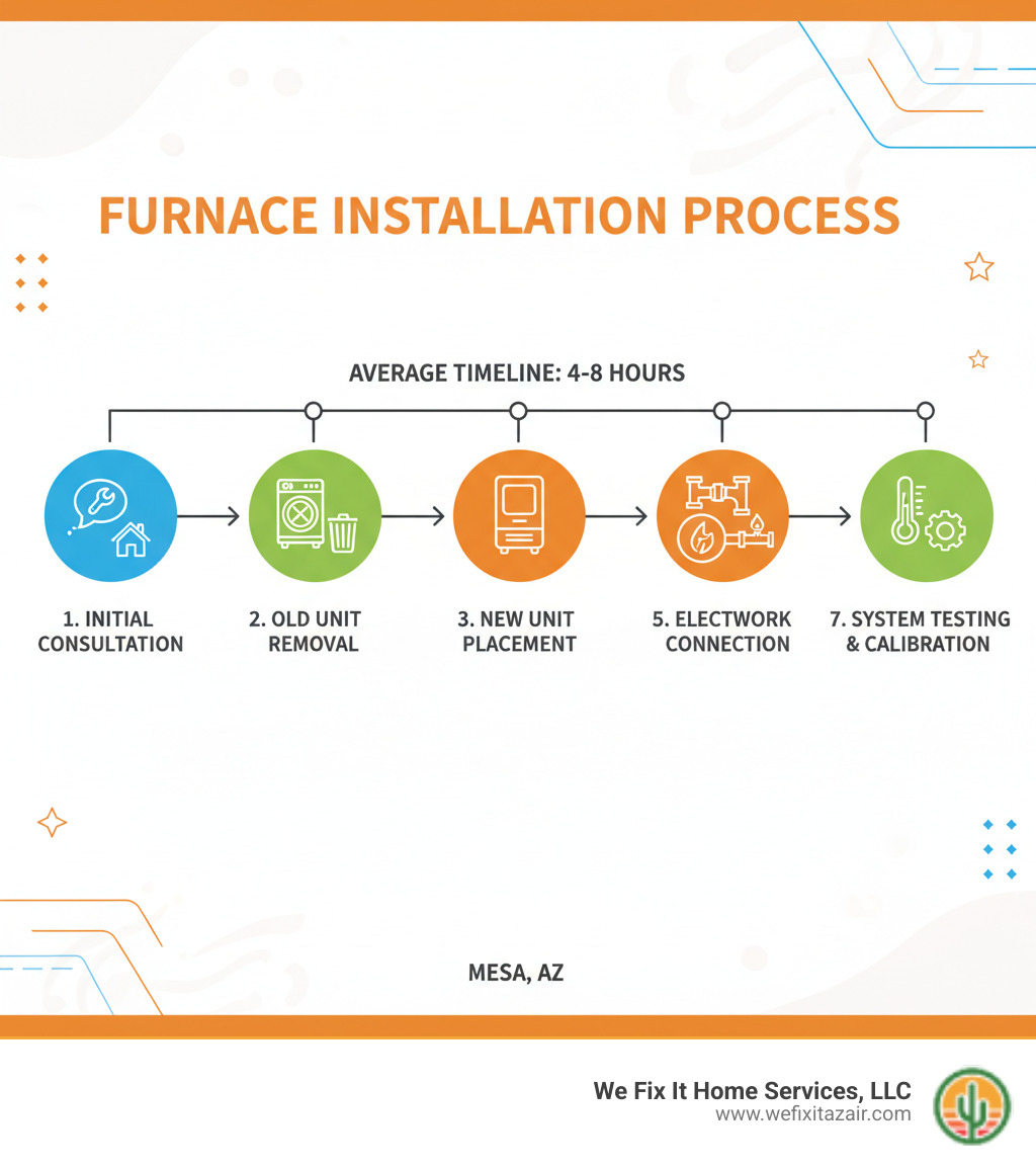 Infographic showing the complete furnace installation process from initial consultation through system testing, including steps for old unit removal, new unit placement, ductwork connection, electrical hookup, gas line connection, and final calibration with average timeline of 4-8 hours - furnace installation mesa az infographic 