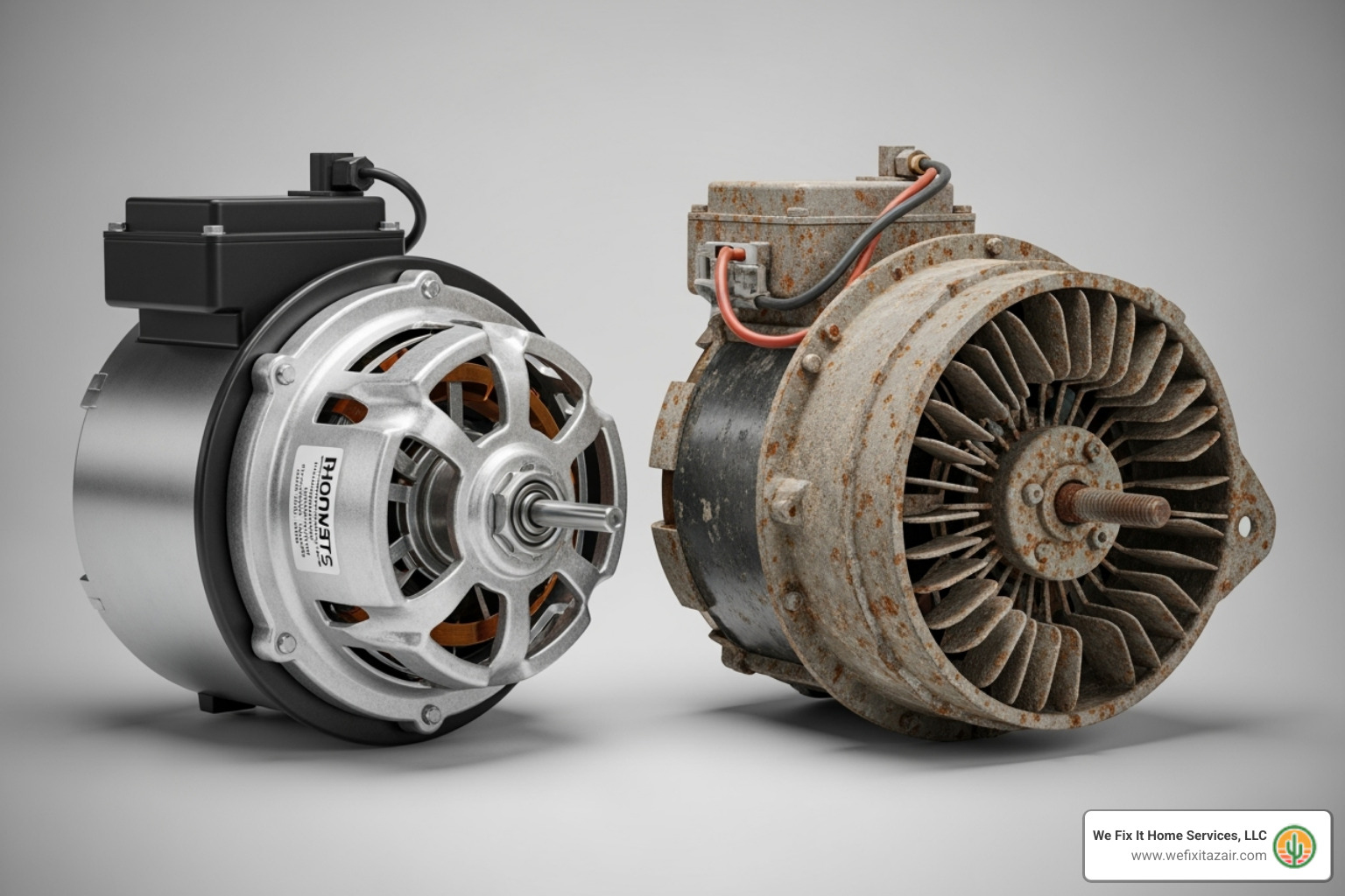 Image of a new blower motor next to an old, worn-out one - furnace blower repair Blower motors comparison: new clean variable-speed motor alongside an old dirty single-speed motor, highlighting differences in condition and design relevant to HVAC maintenance and repair.