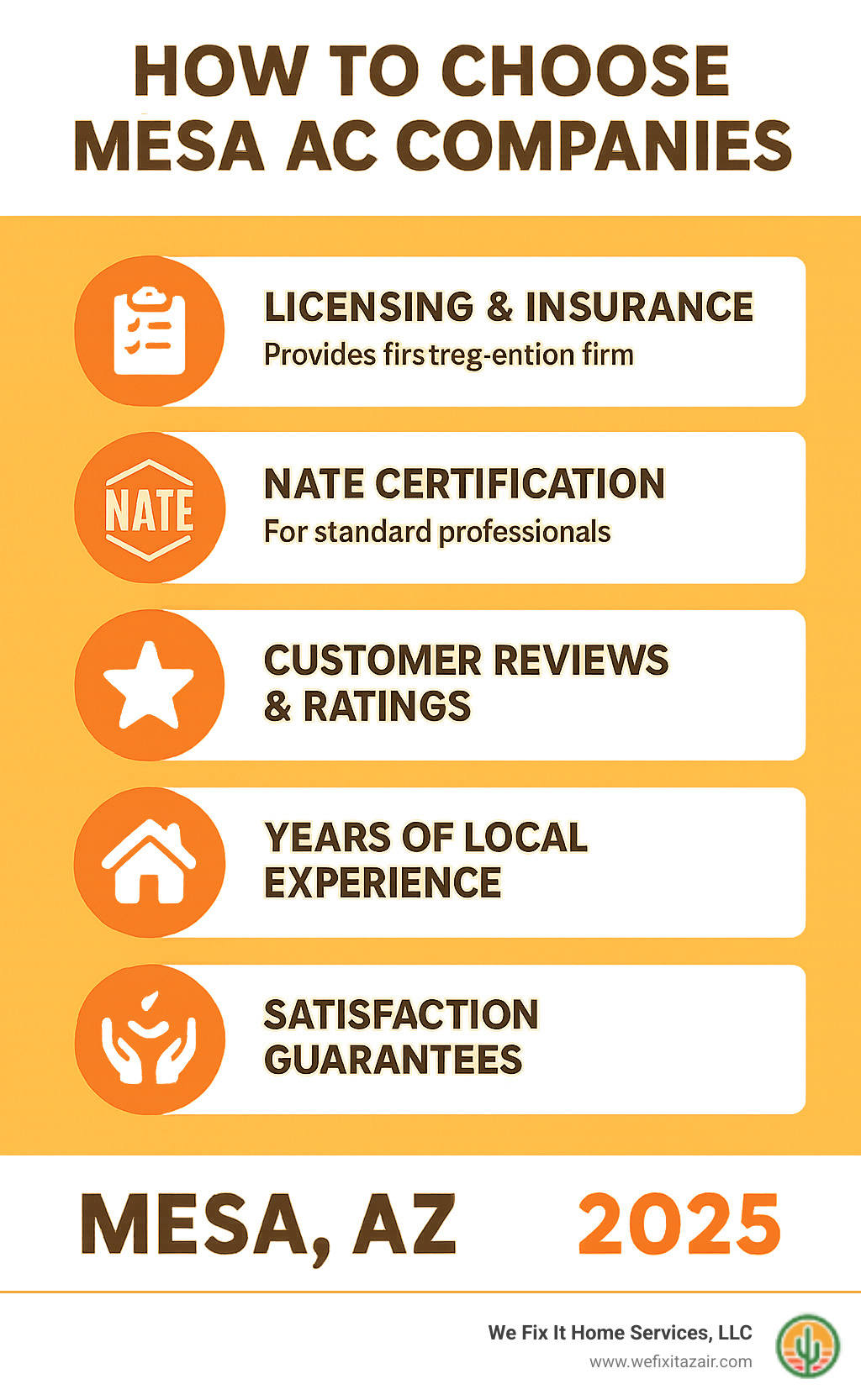 infographic showing 5 key factors for choosing Mesa AC companies: licensing and insurance, NATE certification, customer reviews and ratings, years of local experience, and satisfaction guarantees - ac companies mesa az infographic infographic showing 5 key factors for choosing Mesa AC companies: licensing and insurance, NATE certification, customer reviews and ratings, years of local experience, and satisfaction guarantees - ac companies mesa az infographic