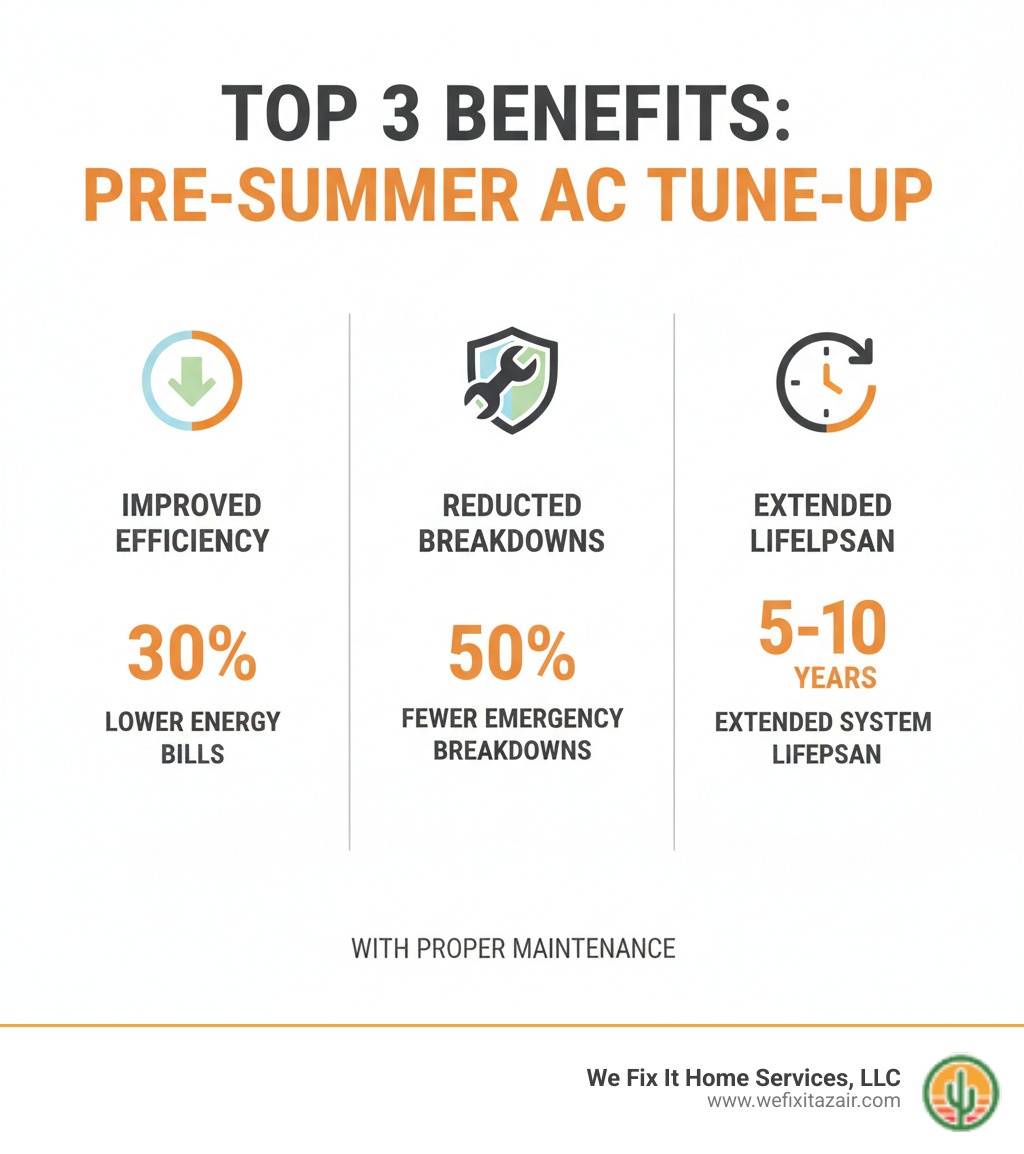 Infographic showing top 3 benefits of pre-summer AC tune-up: 30% lower energy bills through improved efficiency, 50% fewer emergency breakdowns during peak season, and 5-10 years extended system lifespan with proper maintenance - hvac check‑up before summer gilbert az infographic 