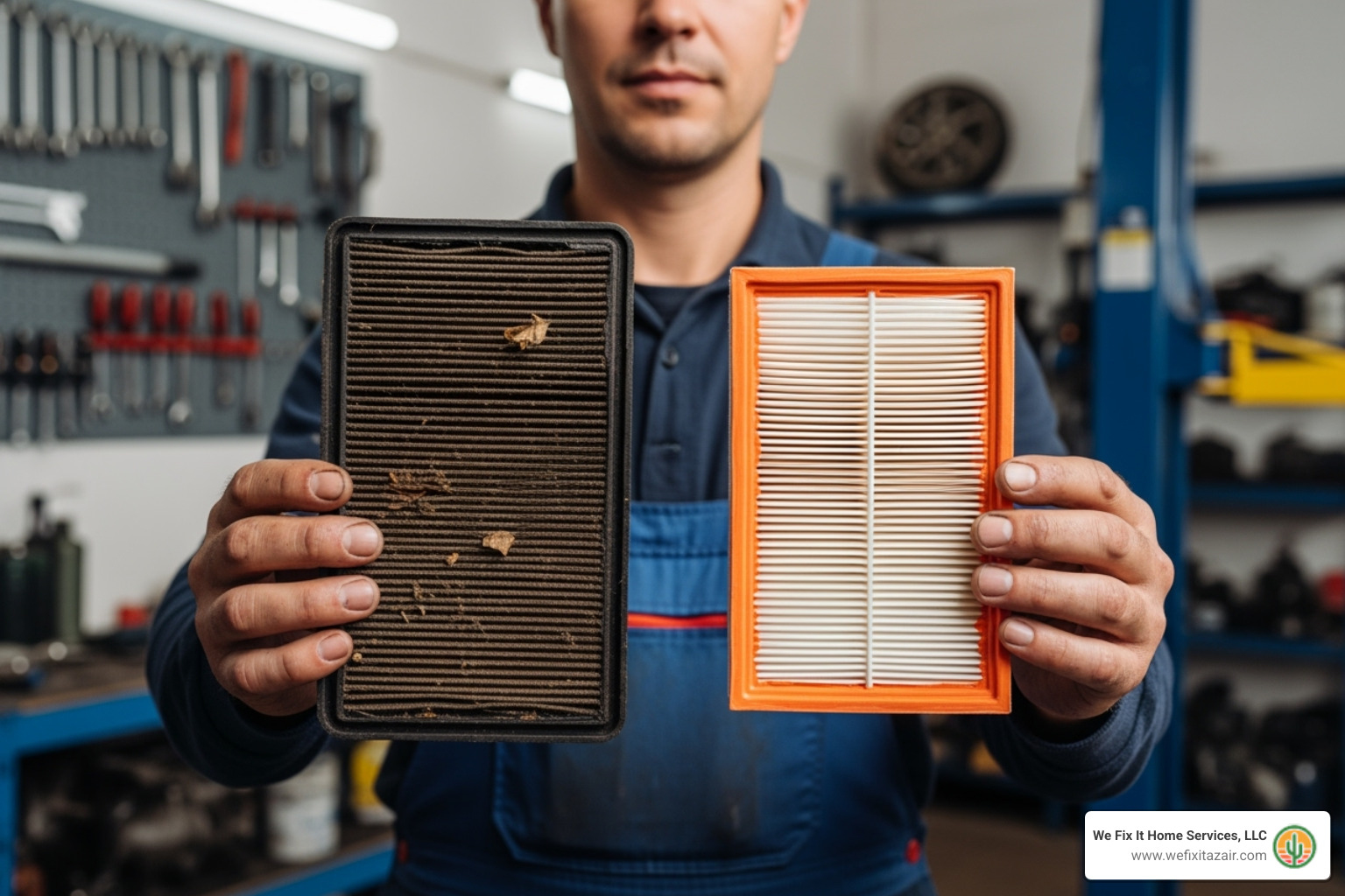 A mechanic holding up a dirty engine air filter next to a clean one - air filter replacement phoenix az A mechanic holding up a dirty engine air filter next to a clean one - air filter replacement phoenix az