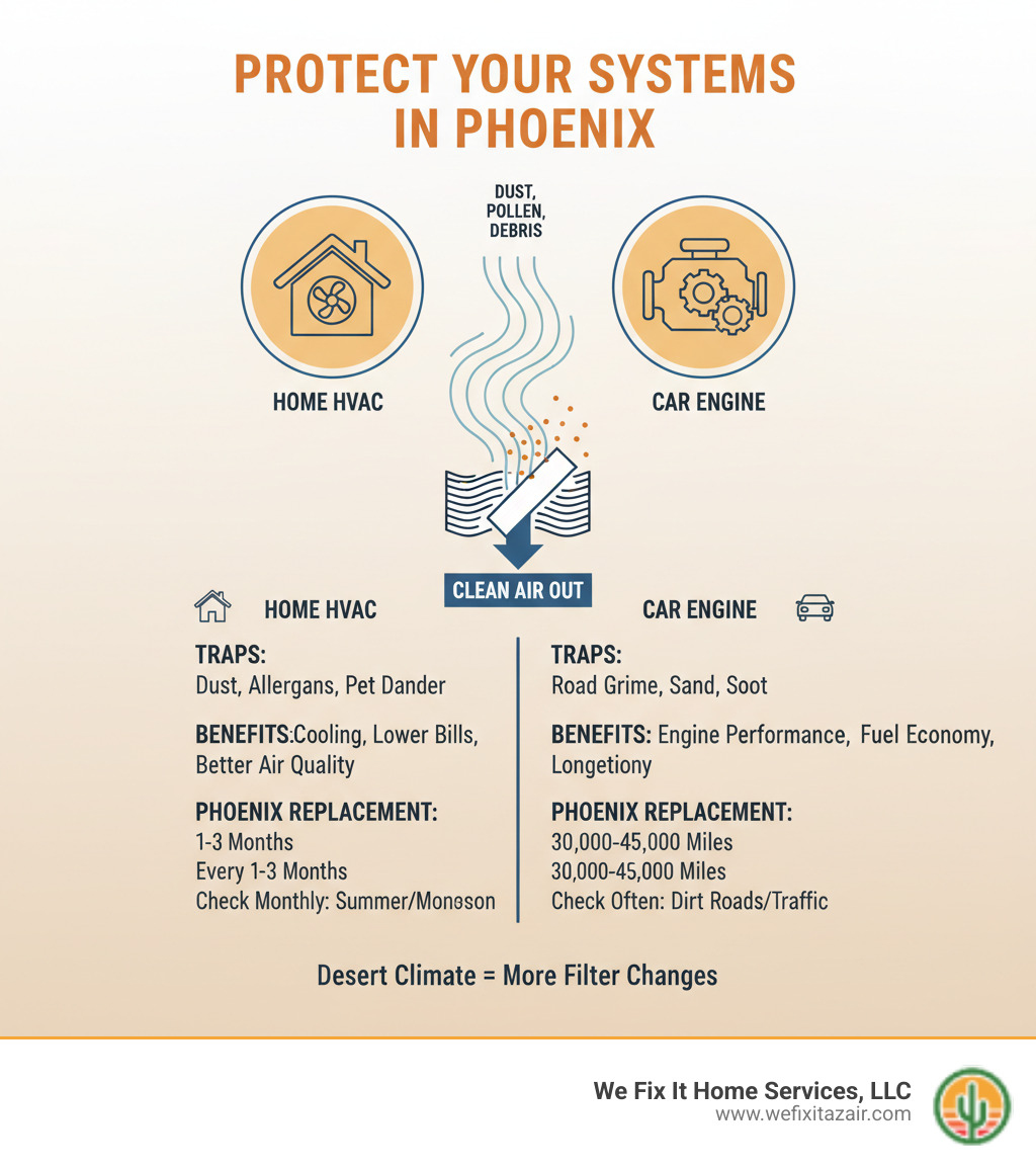 Infographic showing how air filters protect both HVAC systems and car engines by trapping dust, pollen, and debris before they can damage internal components, with specific replacement schedules for Phoenix's desert climate - air filter replacement phoenix az infographic Infographic showing how air filters protect both HVAC systems and car engines by trapping dust, pollen, and debris before they can damage internal components, with specific replacement schedules for Phoenix's desert climate - air filter replacement phoenix az infographic