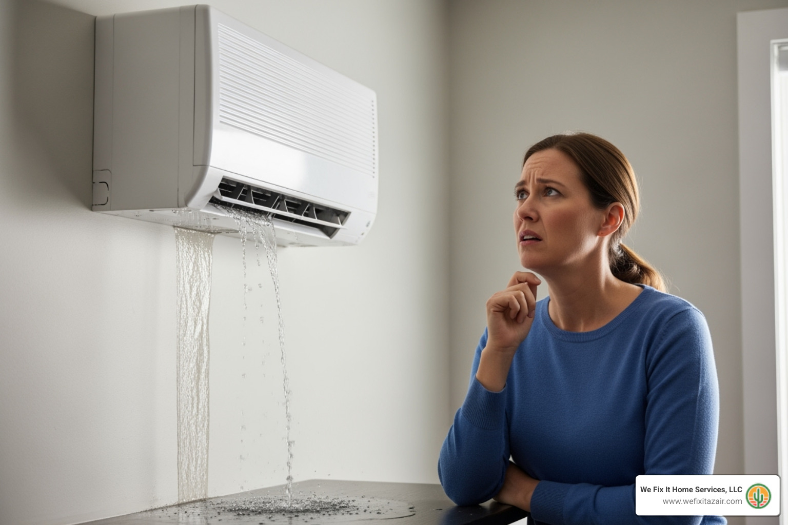 a homeowner looking concerned at a mini-split indoor unit that is leaking water - mini‑split ac repair mesa az