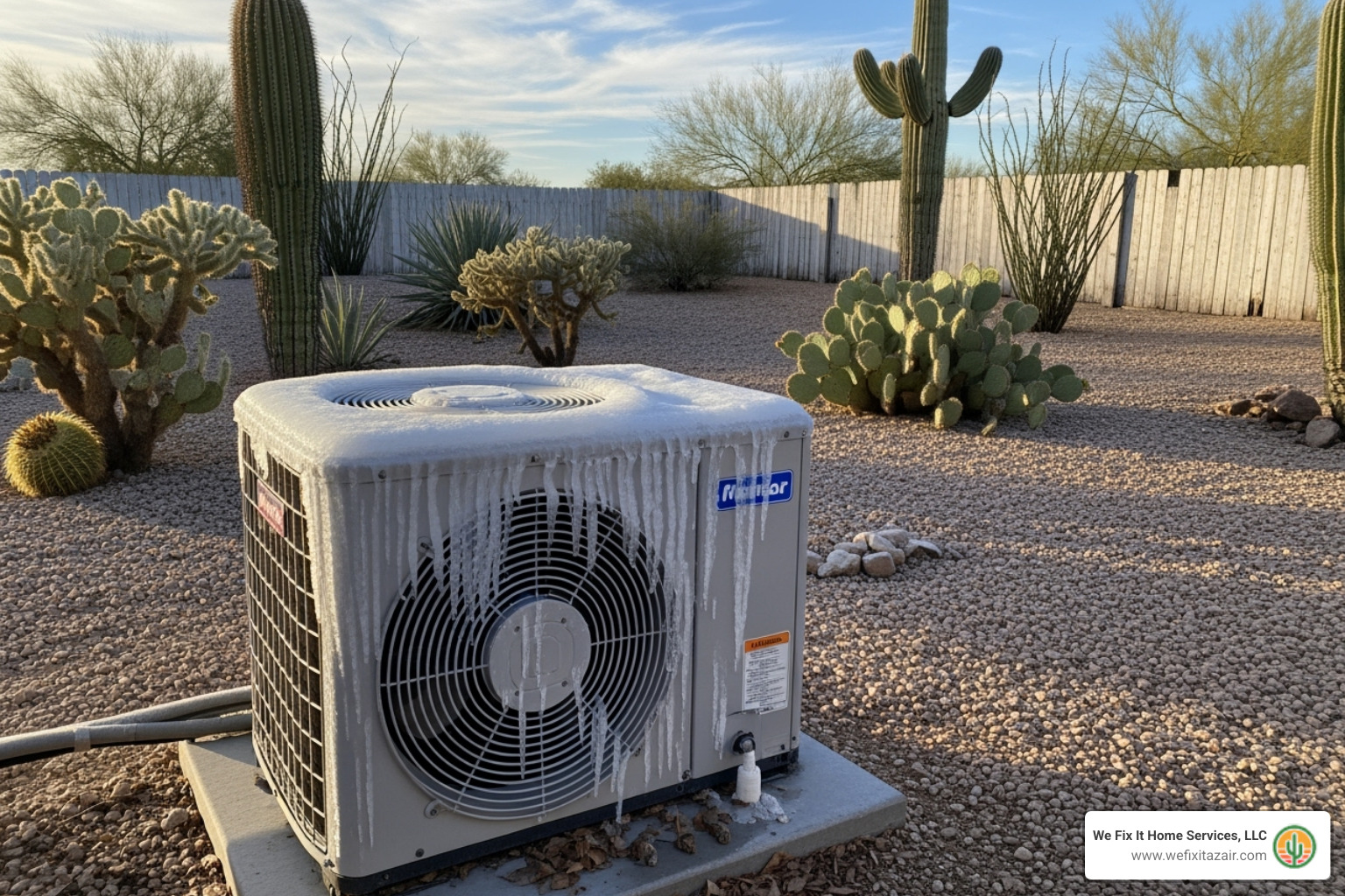 A frozen outdoor heat pump unit in an Arizona backyard - emergency heat pump service gilbert az A frozen outdoor heat pump unit in an Arizona backyard - emergency heat pump service gilbert az