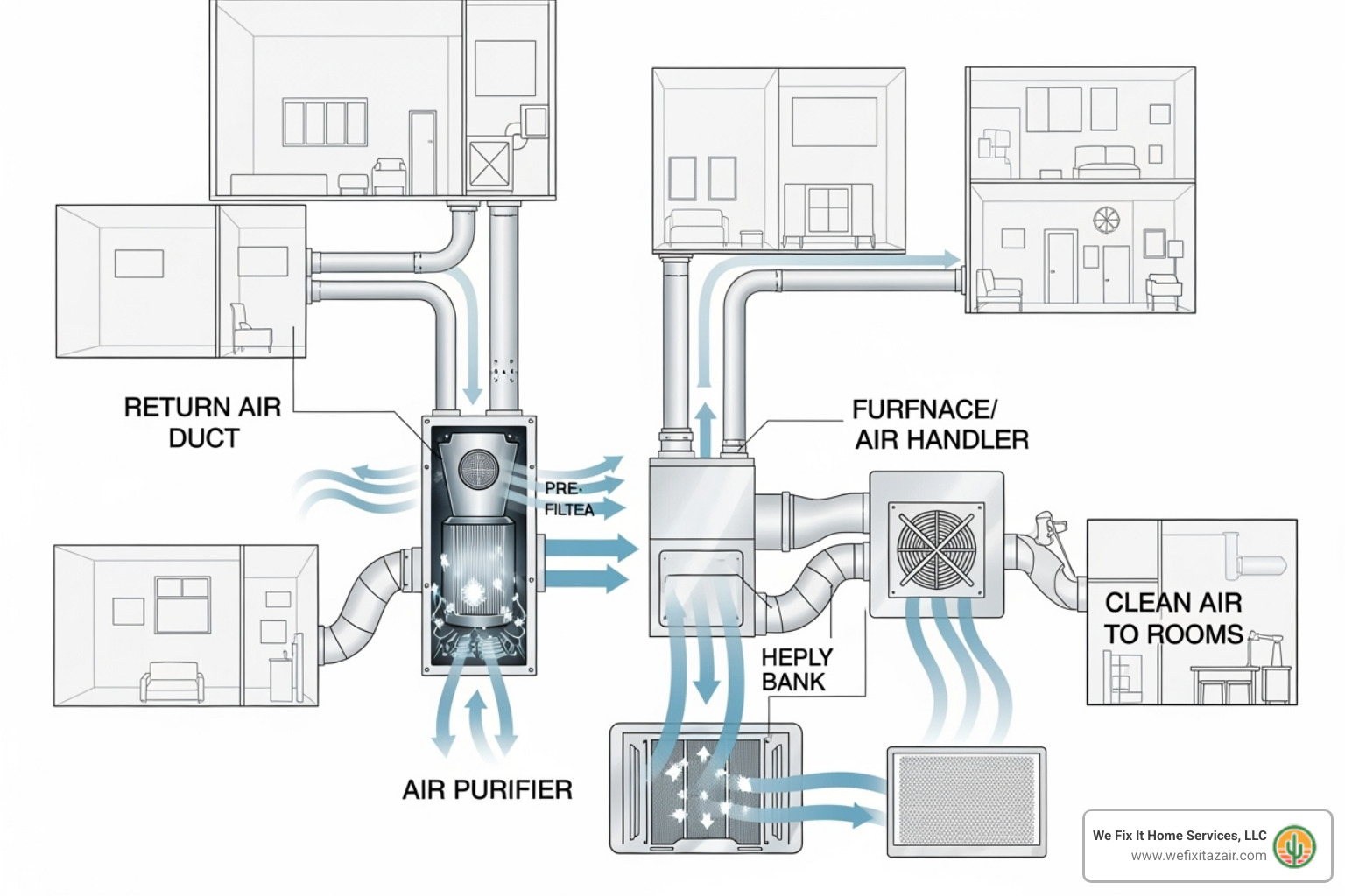 diagram of how a whole-home air purifier connects to a central HVAC system - air purifier installation mesa az