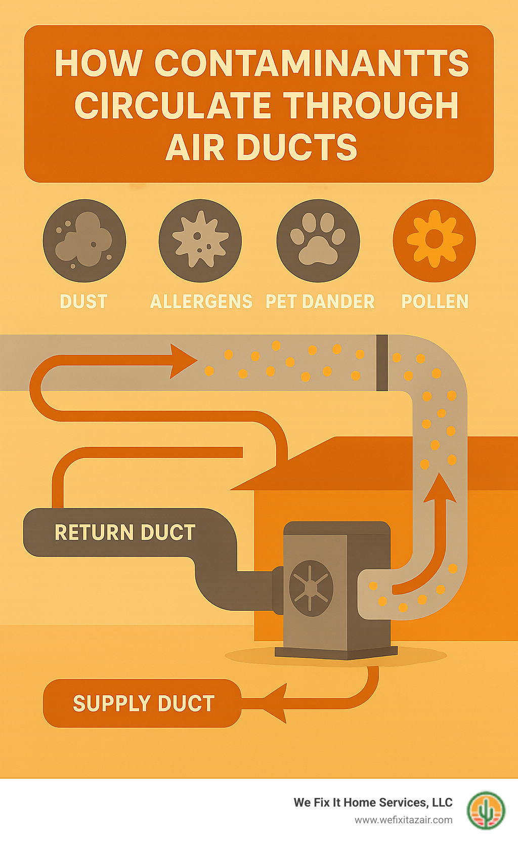 Infographic showing how dust, allergens, pet dander, and pollen particles circulate through a home's HVAC system via air ducts, with arrows indicating airflow patterns and contamination points throughout supply and return ducts - scottsdale duct cleaning infographic 