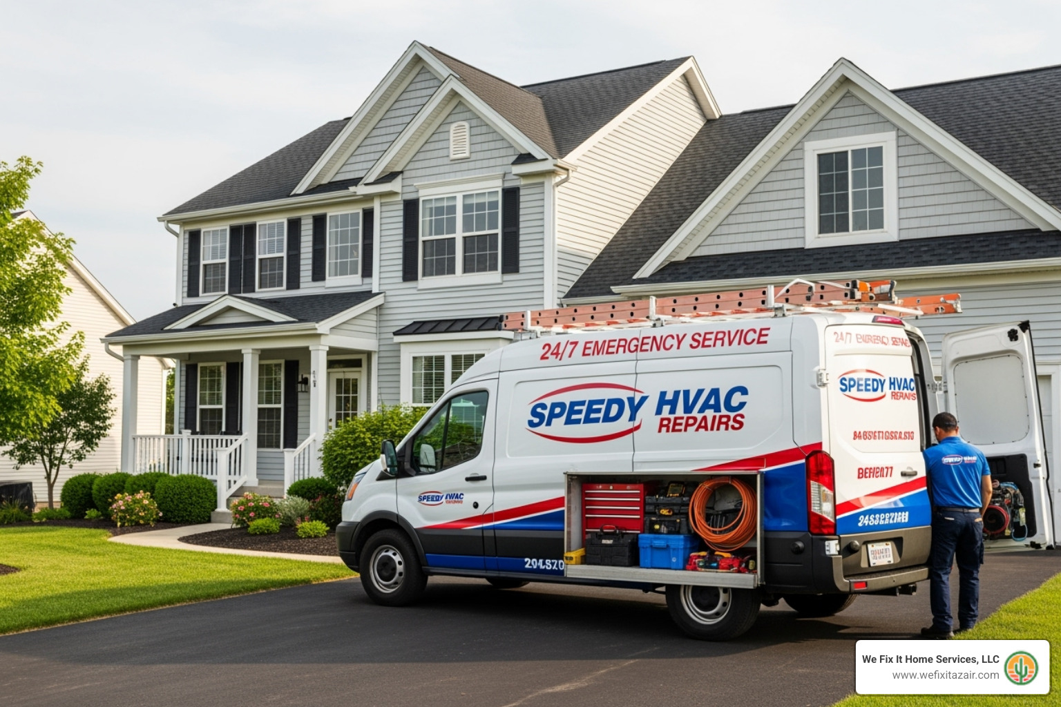 of a professional HVAC technician's van with 24/7 service branding. - emergency furnace repair san tan valley az