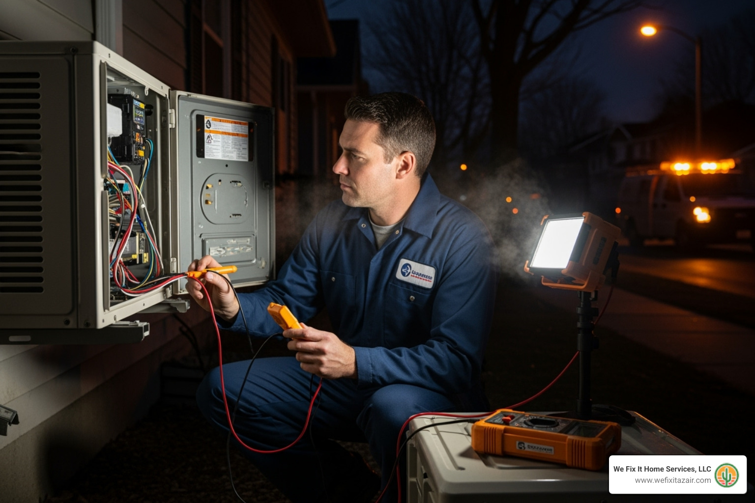 a technician responding to an emergency mini-split repair call at night - mini‑split ac repair mesa az