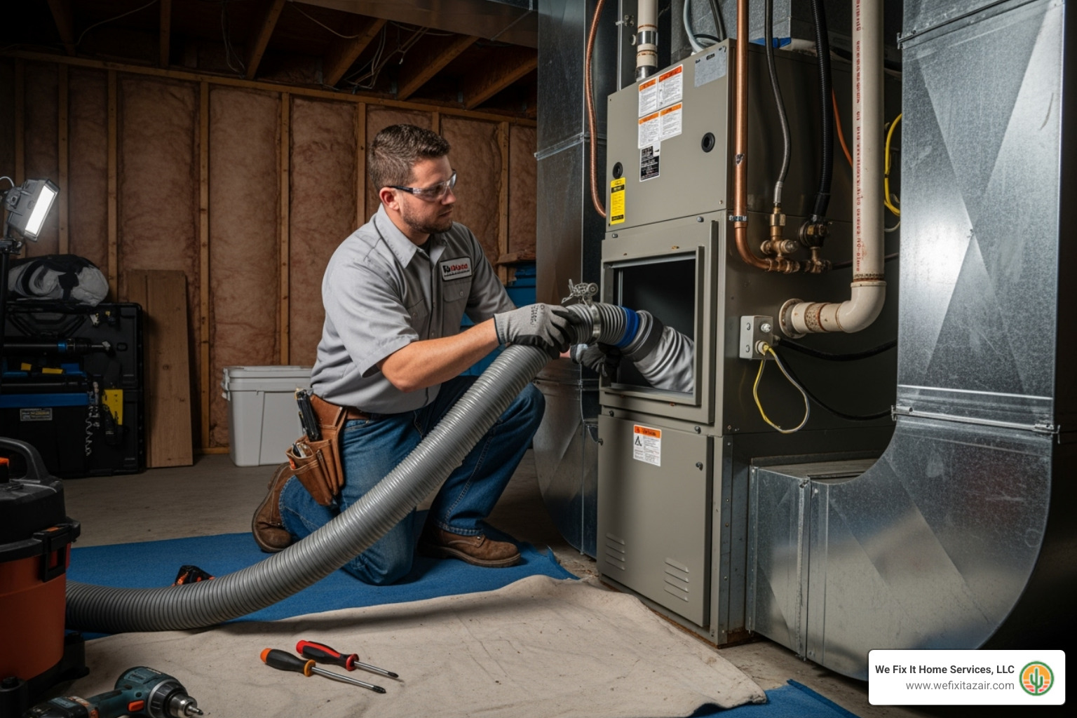 technician connecting vacuum hose to duct system - air ventilation cleaners