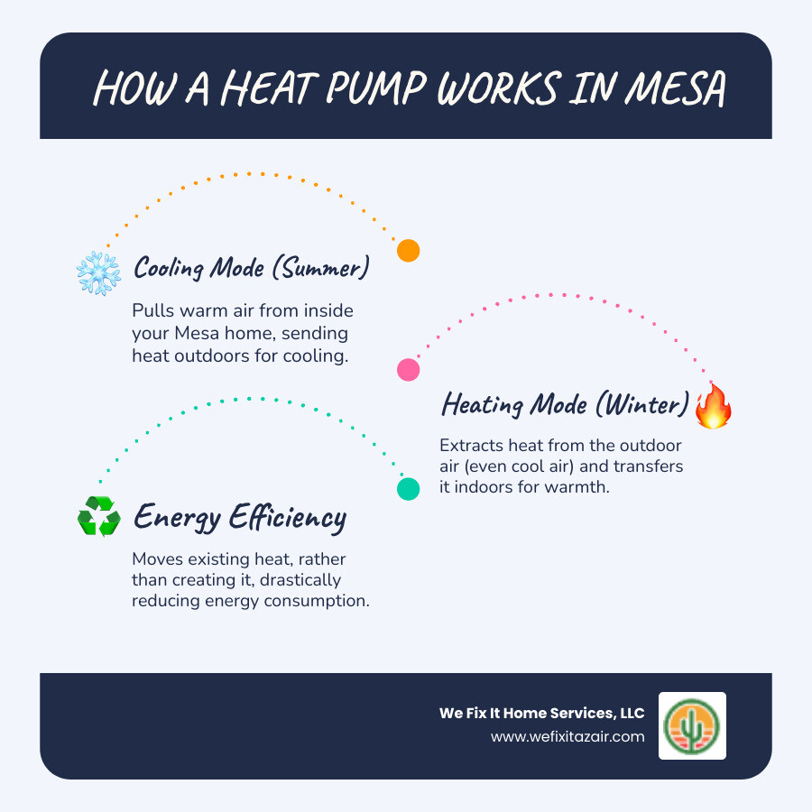 Detailed infographic showing heat pump operation in both cooling and heating modes, with arrows indicating heat transfer direction, refrigerant cycle components, and seasonal operation differences for Mesa Arizona climate - heat pump installation mesa az infographic infographic-line-3-steps-blues-accent_colors Detailed infographic showing heat pump operation in both cooling and heating modes, with arrows indicating heat transfer direction, refrigerant cycle components, and seasonal operation differences for Mesa Arizona climate - heat pump installation mesa az infographic infographic-line-3-steps-blues-accent_colors