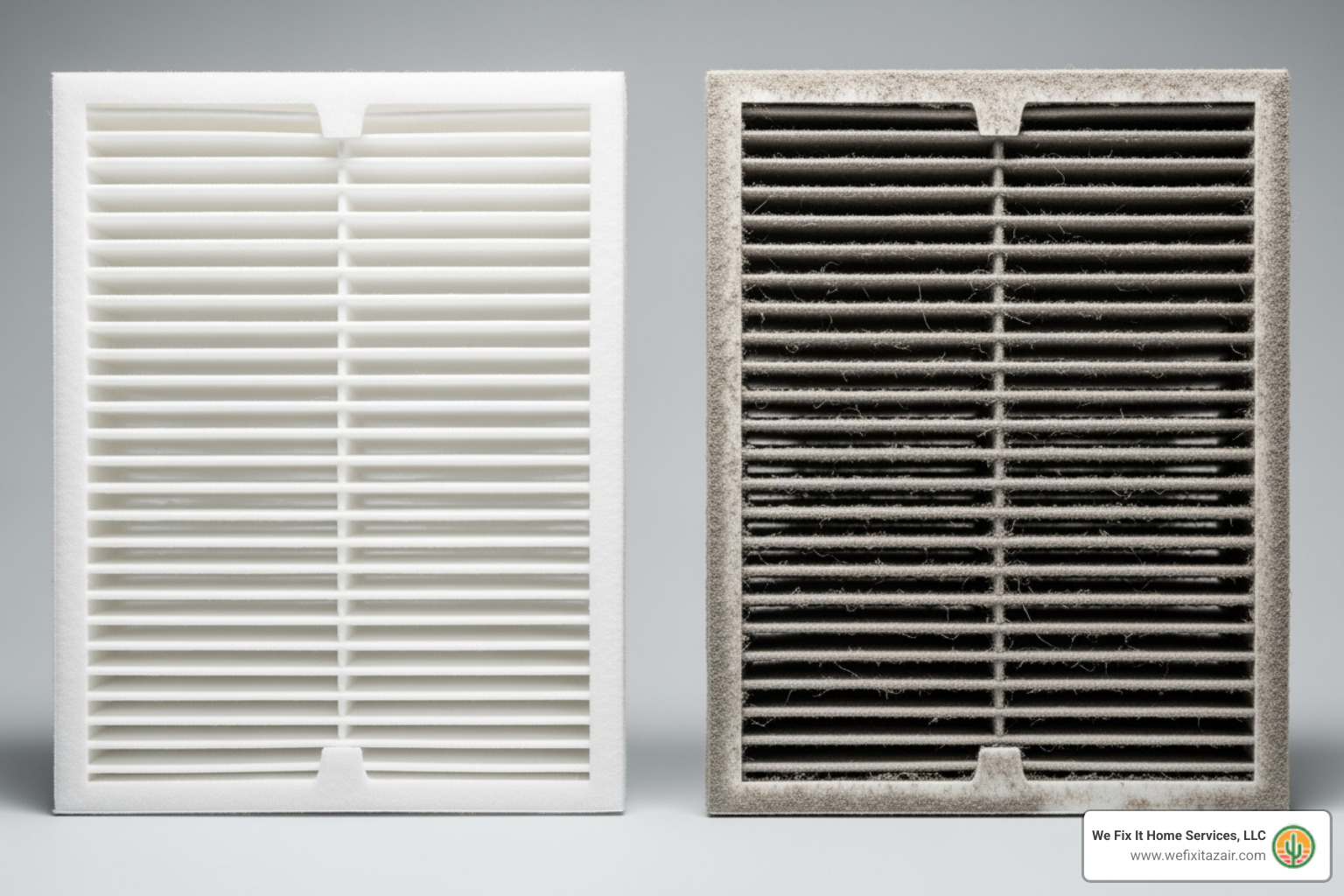 Comparison of a clean white air filter to a dirty grey one - AC smells bad