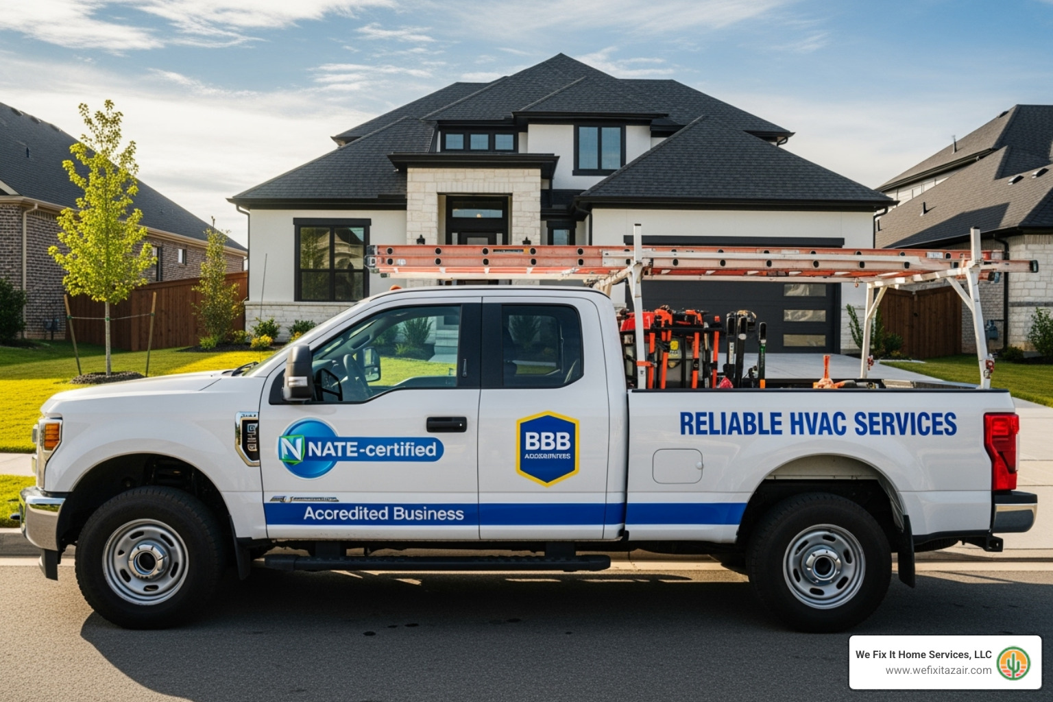 A company truck with NATE-certified and BBB logos visible, parked outside a home. - ac repair mesa