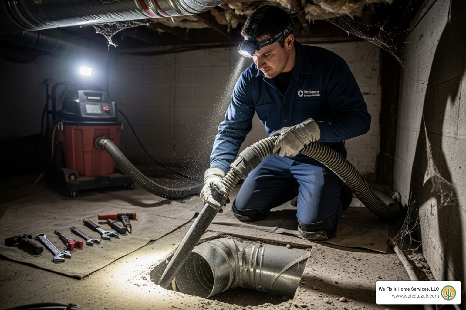 uniformed technician using a high-powered vacuum hose on a duct system - duct cleaning scottsdale