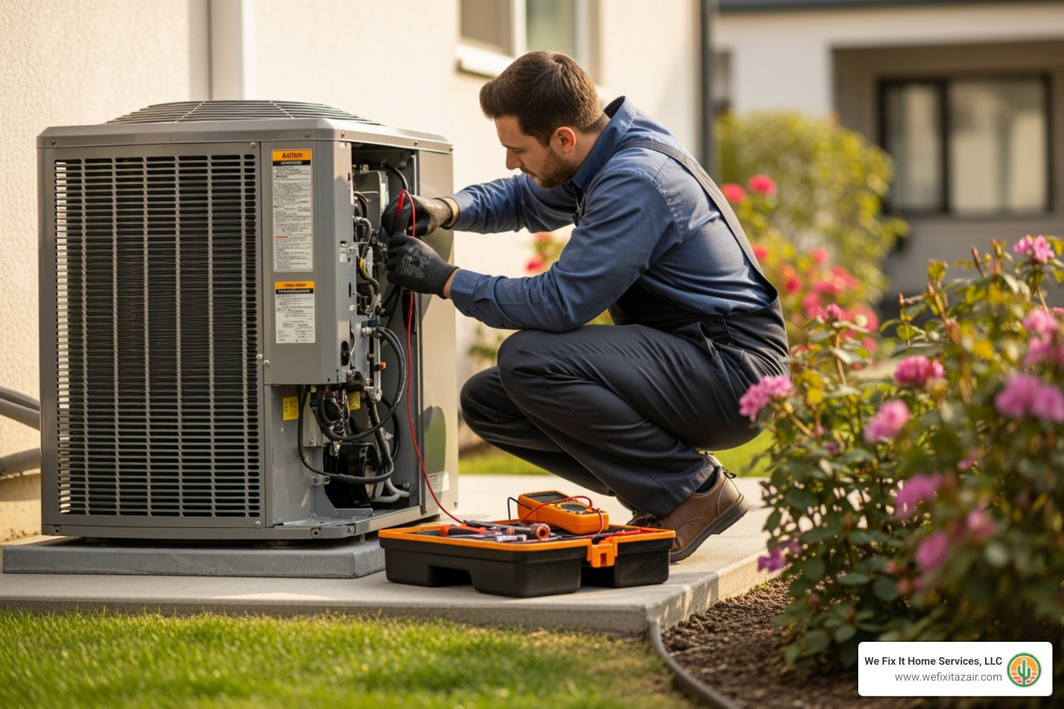 technician servicing an outdoor AC unit - AC maintenance Phoenix