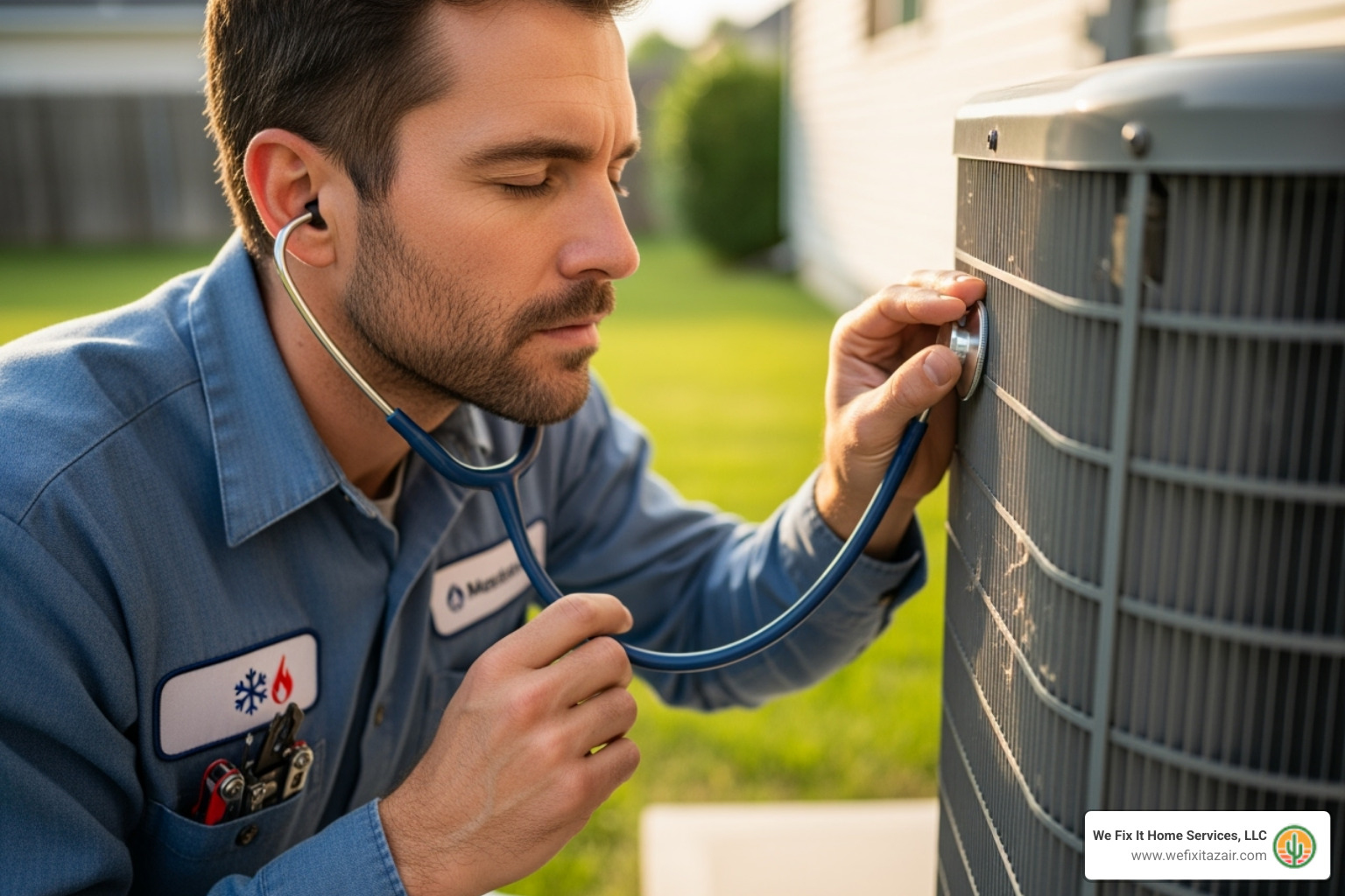 of a technician listening to an AC unit for unusual noises - ac compressor replacement scottsdale az of a technician listening to an AC unit for unusual noises - ac compressor replacement scottsdale az