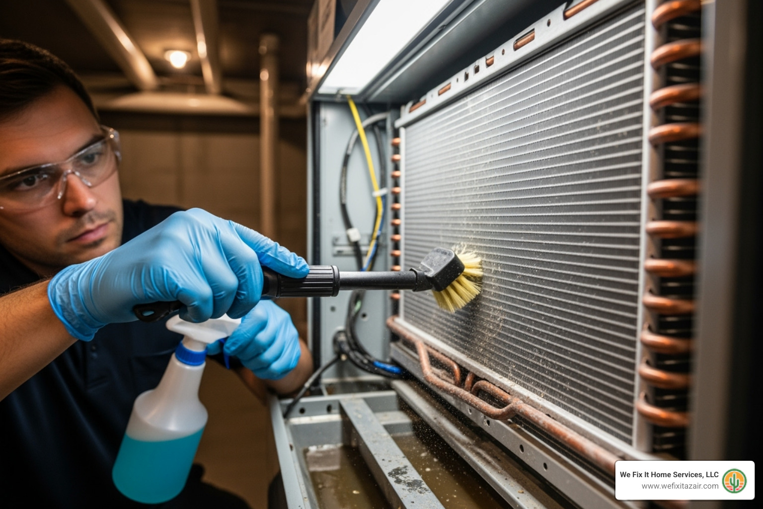 A technician carefully cleaning an evaporator coil, highlighting the detailed work involved in AC maintenance - annual ac maintenance phoenix az