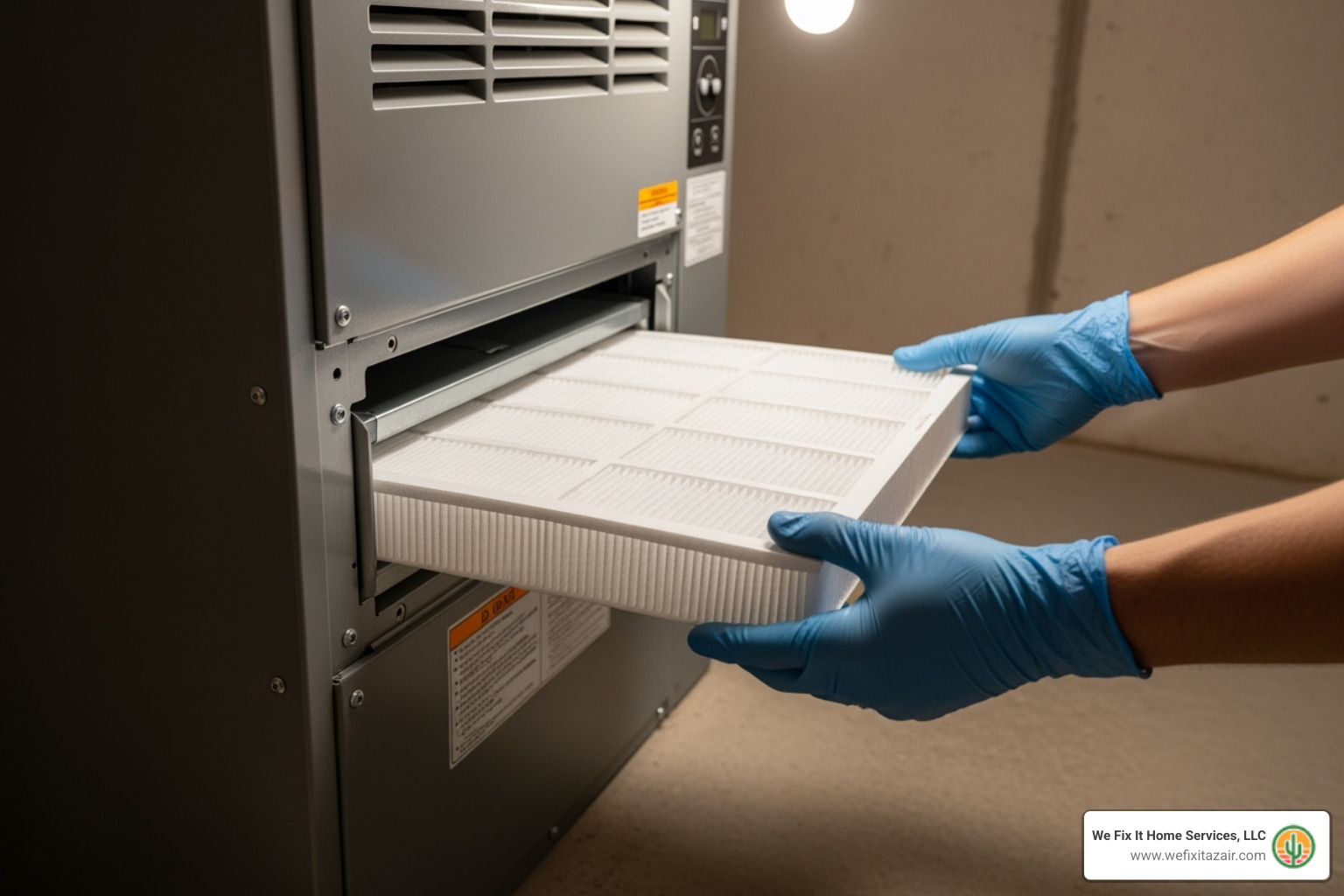 A clean air filter being slid into a home HVAC unit - air filter replacement phoenix az A clean air filter being slid into a home HVAC unit - air filter replacement phoenix az